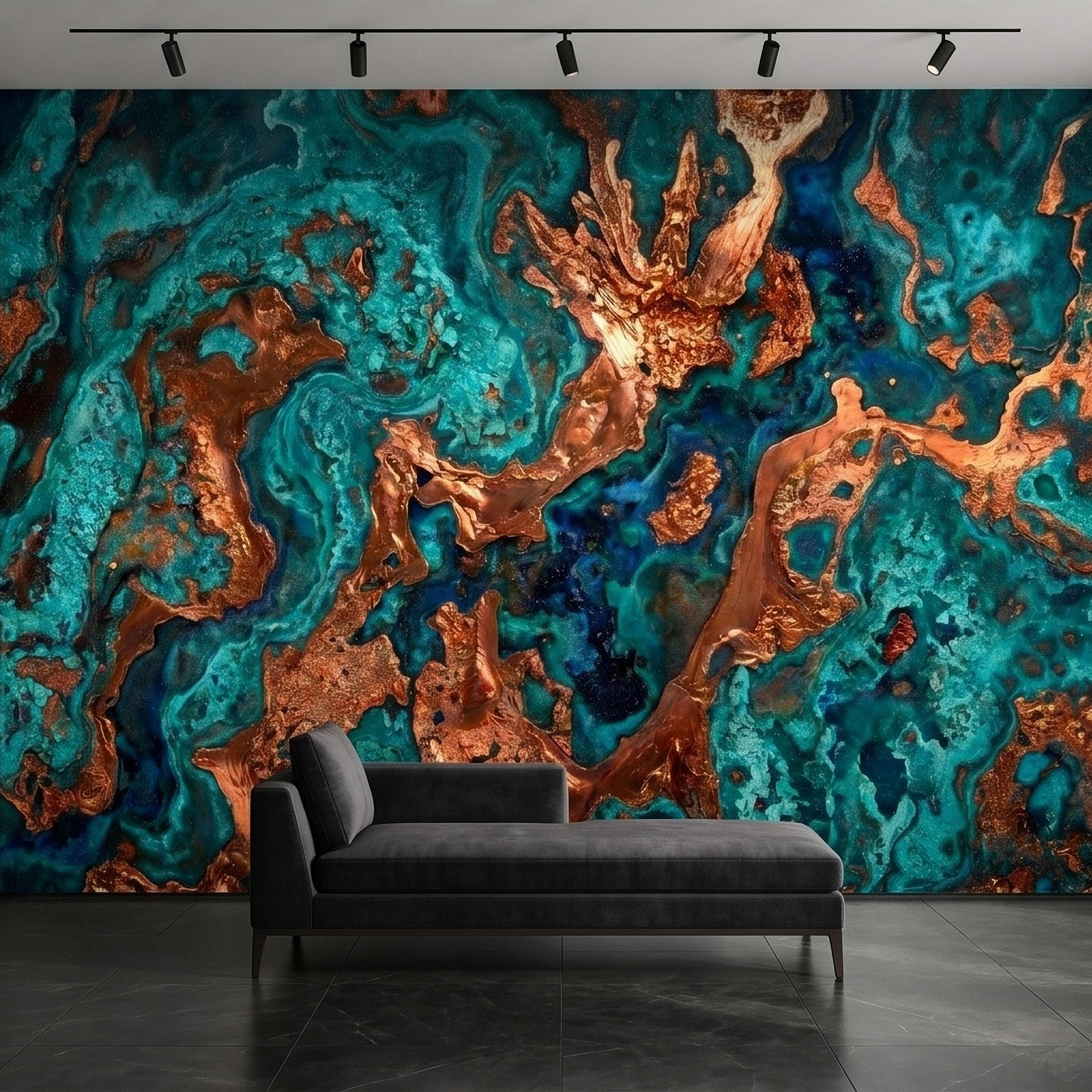 Turquoise and Copper Abstract Marble Peel and Stick Wall Mural, Teal Ocean Ink Swirl Geode Stone Texture, Modern Luxury Fluid Art Wallpaper