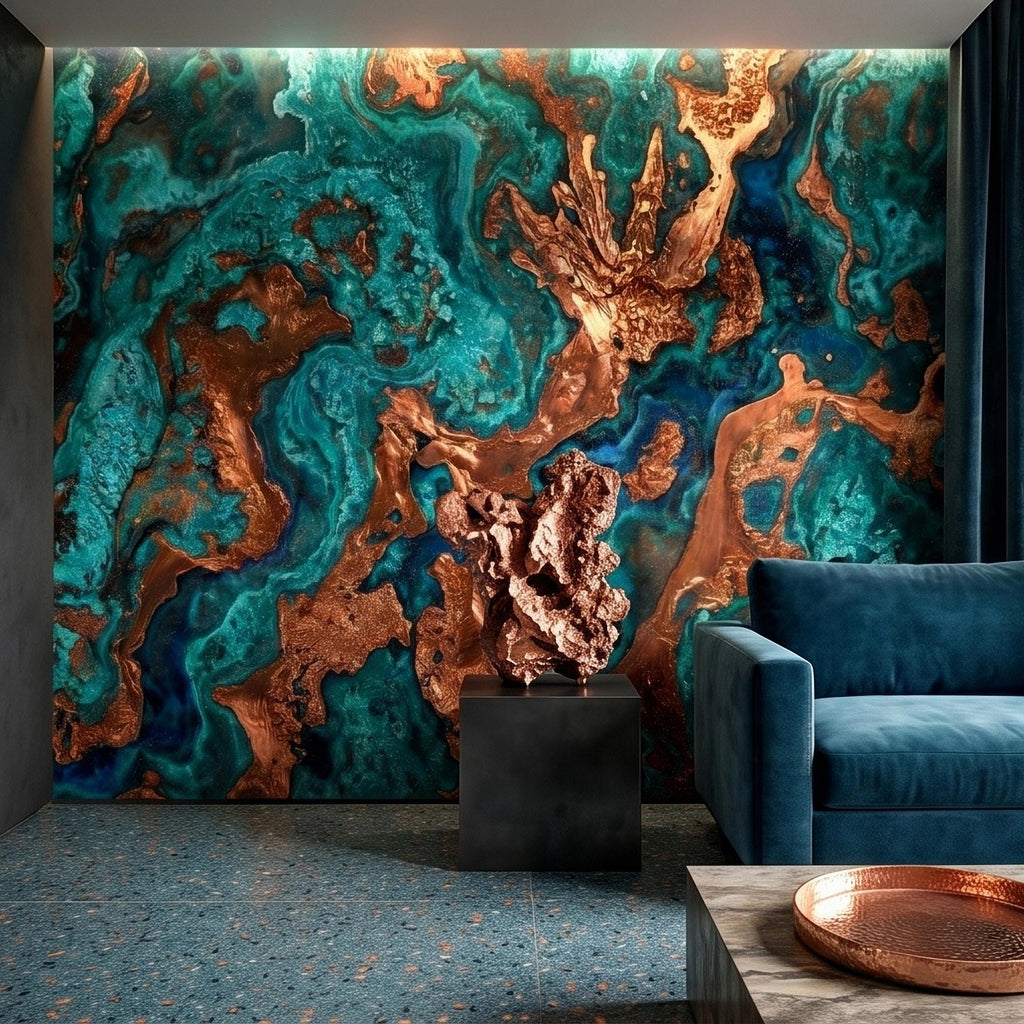 Turquoise and Copper Abstract Marble Peel and Stick Wall Mural, Teal Ocean Ink Swirl Geode Stone Texture, Modern Luxury Fluid Art Wallpaper