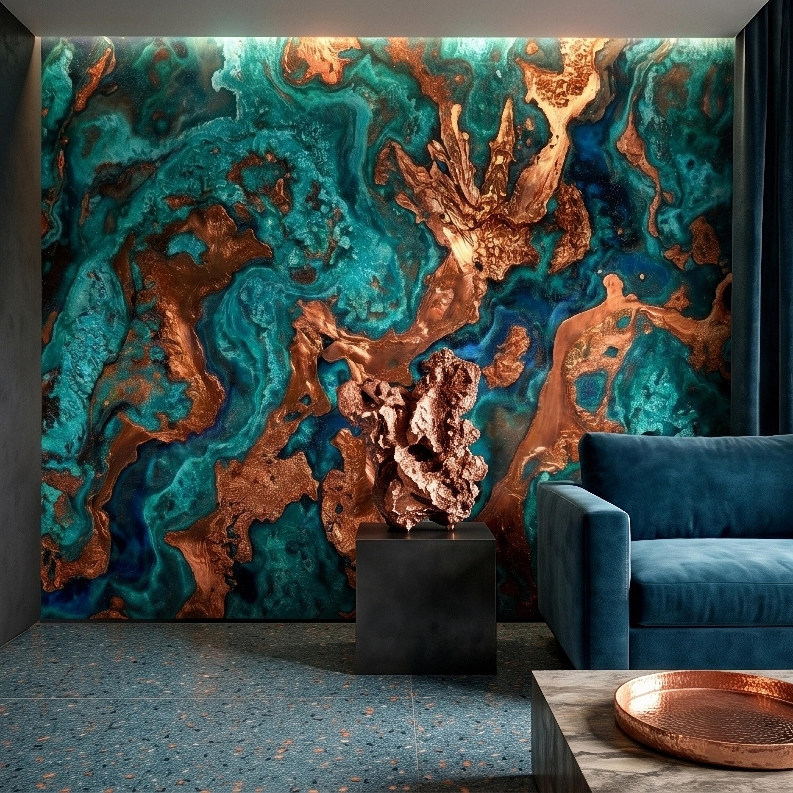 Turquoise and Copper Abstract Marble Peel and Stick Wall Mural, Teal Ocean Ink Swirl Geode Stone Texture, Modern Luxury Fluid Art Wallpaper