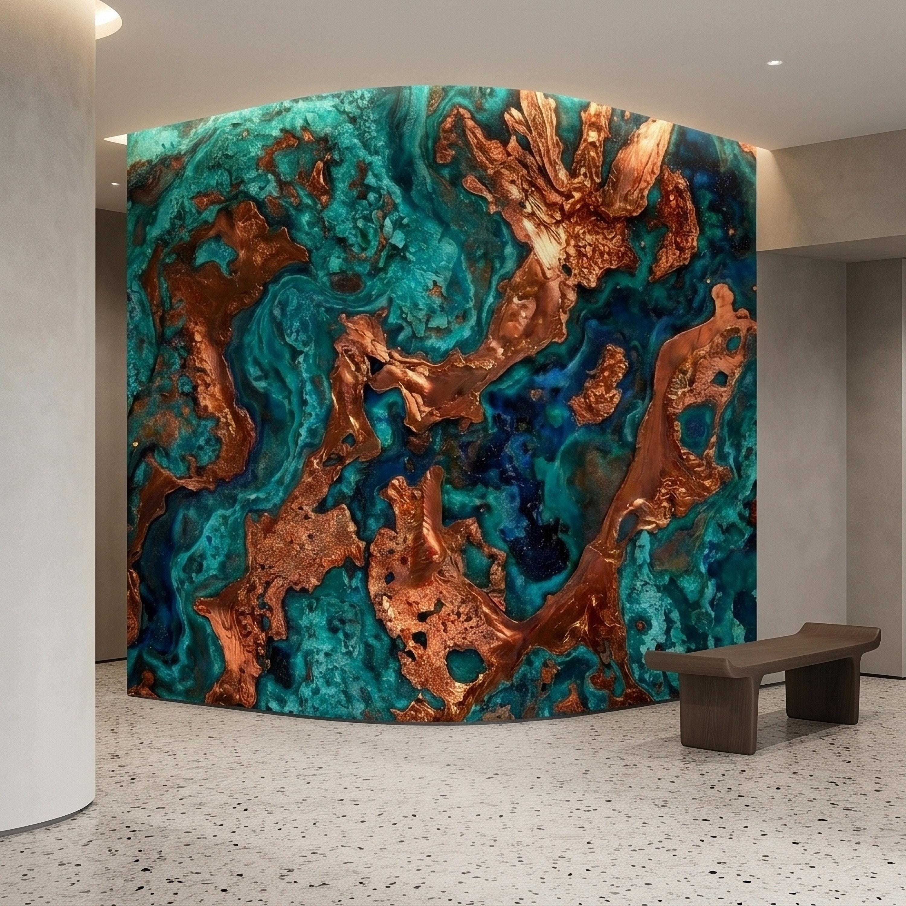 Turquoise and Copper Abstract Marble Peel and Stick Wall Mural, Teal Ocean Ink Swirl Geode Stone Texture, Modern Luxury Fluid Art Wallpaper