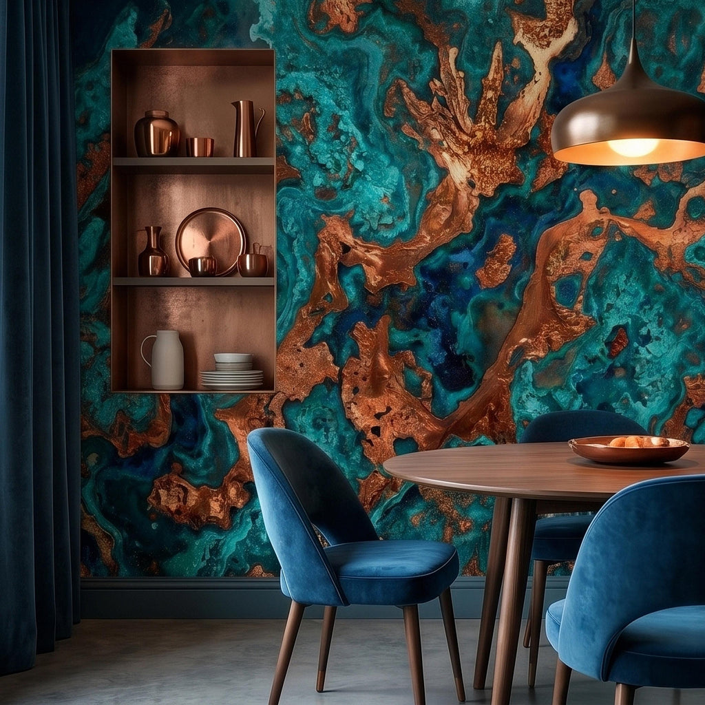 Turquoise and Copper Abstract Marble Peel and Stick Wall Mural, Teal Ocean Ink Swirl Geode Stone Texture, Modern Luxury Fluid Art Wallpaper