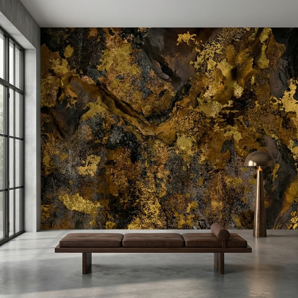 Abstract Dark Moody Brown Black Grunge Texture Peel and Stick Wall Mural, Rustic Stone Patina Ink Wash, Industrial Distressed Wallpaper