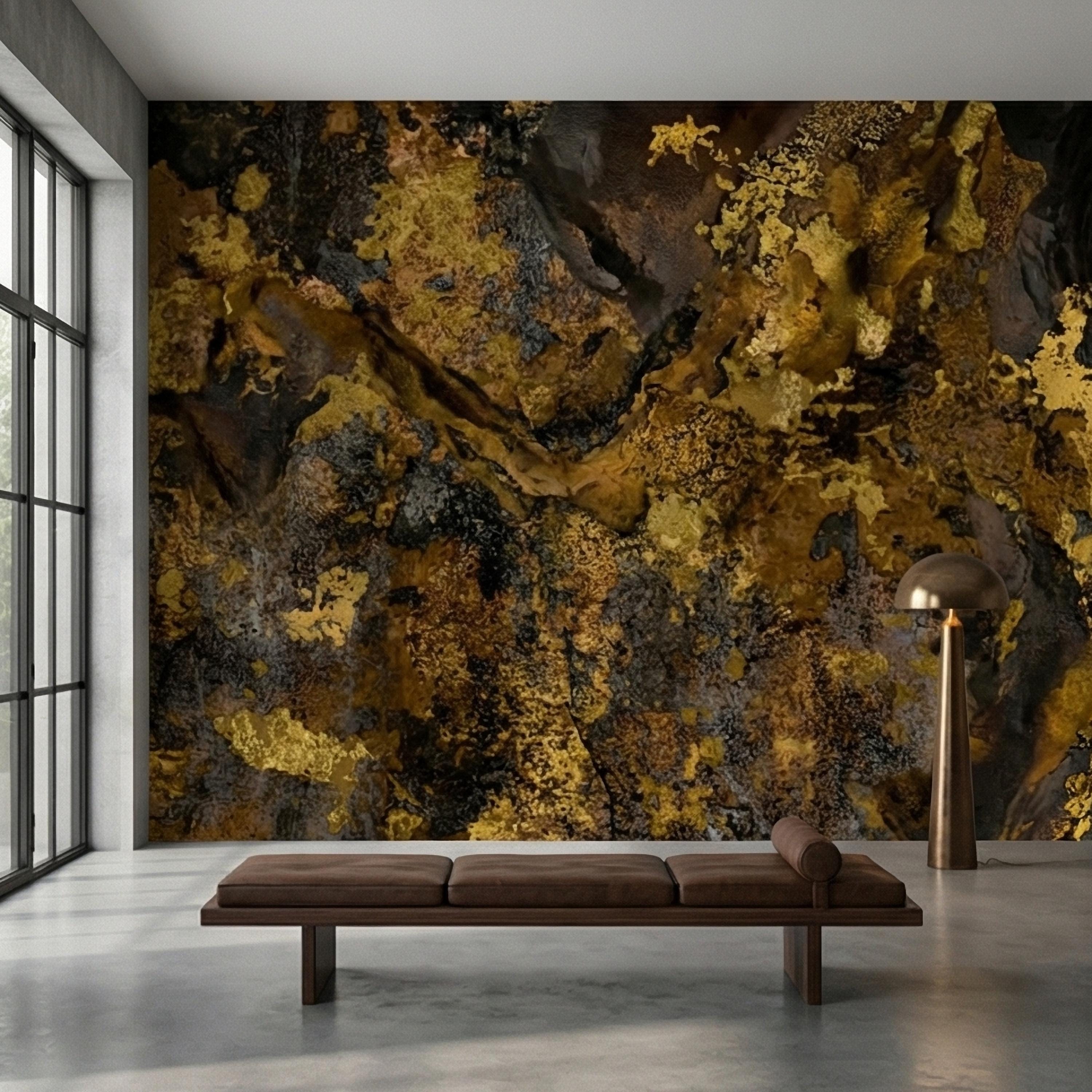 Abstract Dark Moody Brown Black Grunge Texture Peel and Stick Wall Mural, Rustic Stone Patina Ink Wash, Industrial Distressed Wallpaper