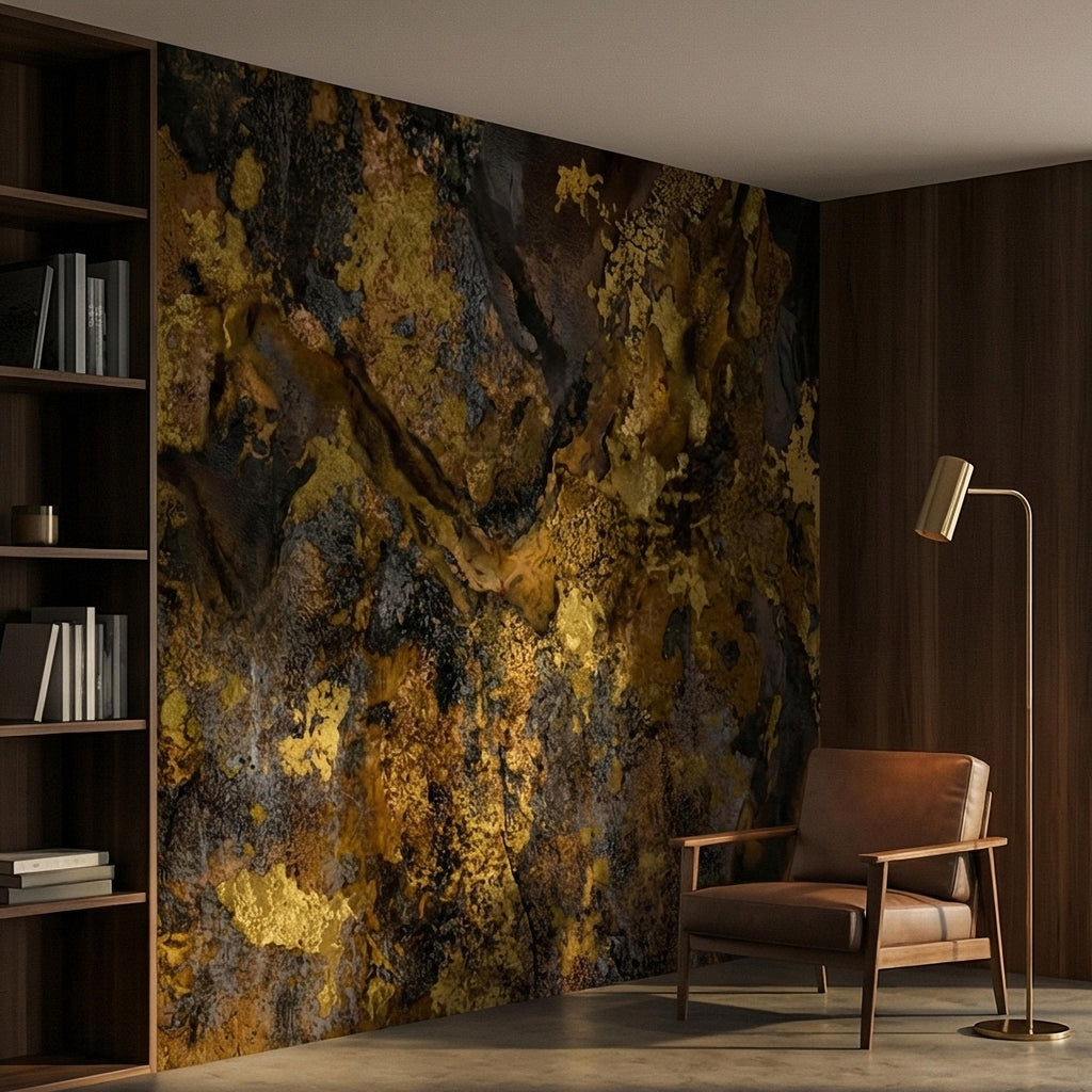 Abstract Dark Moody Brown Black Grunge Texture Peel and Stick Wall Mural, Rustic Stone Patina Ink Wash, Industrial Distressed Wallpaper