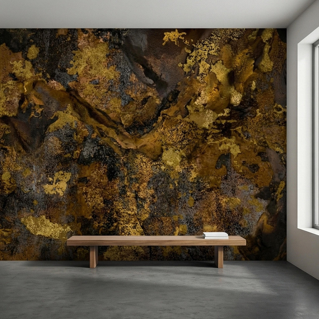Abstract Dark Moody Brown Black Grunge Texture Peel and Stick Wall Mural, Rustic Stone Patina Ink Wash, Industrial Distressed Wallpaper
