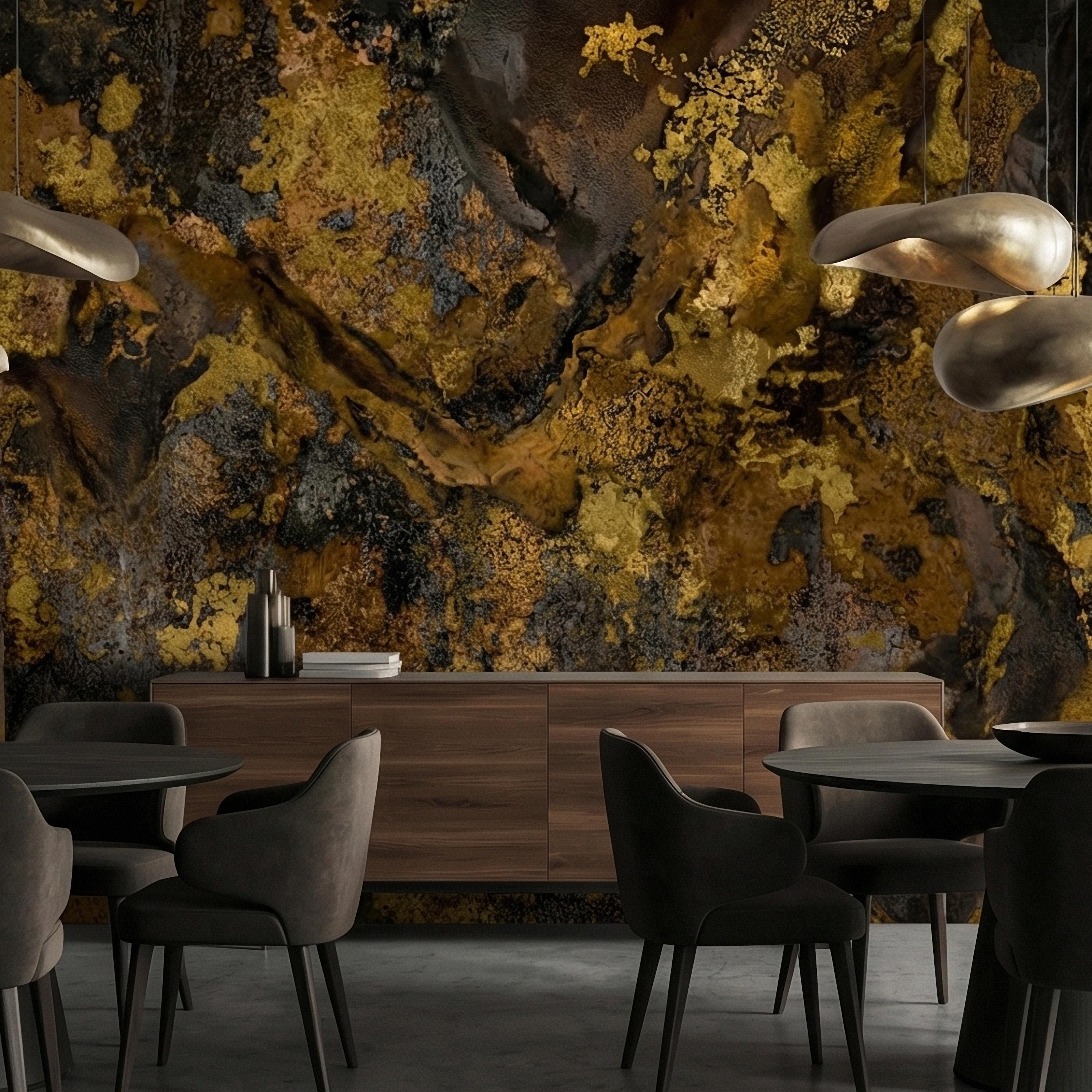 Abstract Dark Moody Brown Black Grunge Texture Peel and Stick Wall Mural, Rustic Stone Patina Ink Wash, Industrial Distressed Wallpaper