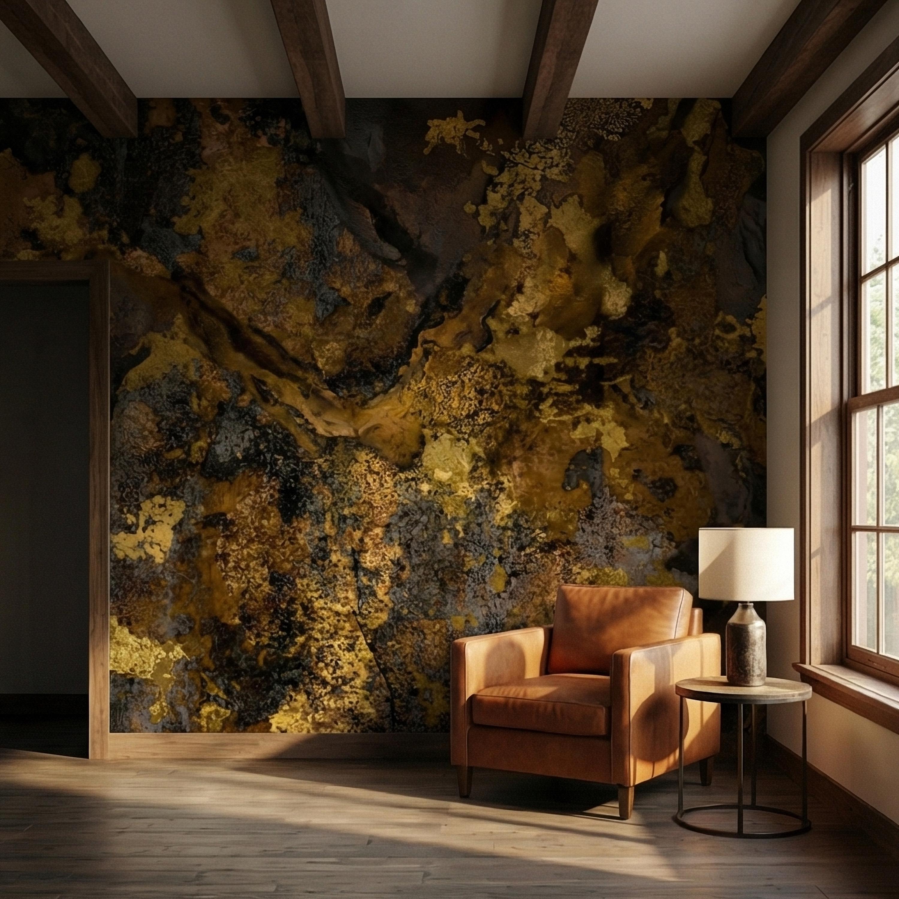 Abstract Dark Moody Brown Black Grunge Texture Peel and Stick Wall Mural, Rustic Stone Patina Ink Wash, Industrial Distressed Wallpaper
