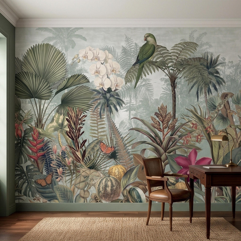 Tropical Botanical Parrot and Orchid Peel and Stick Wall Mural, Vintage Jungle Palm Leaves and Butterflies, Exotic Garden Wallpaper