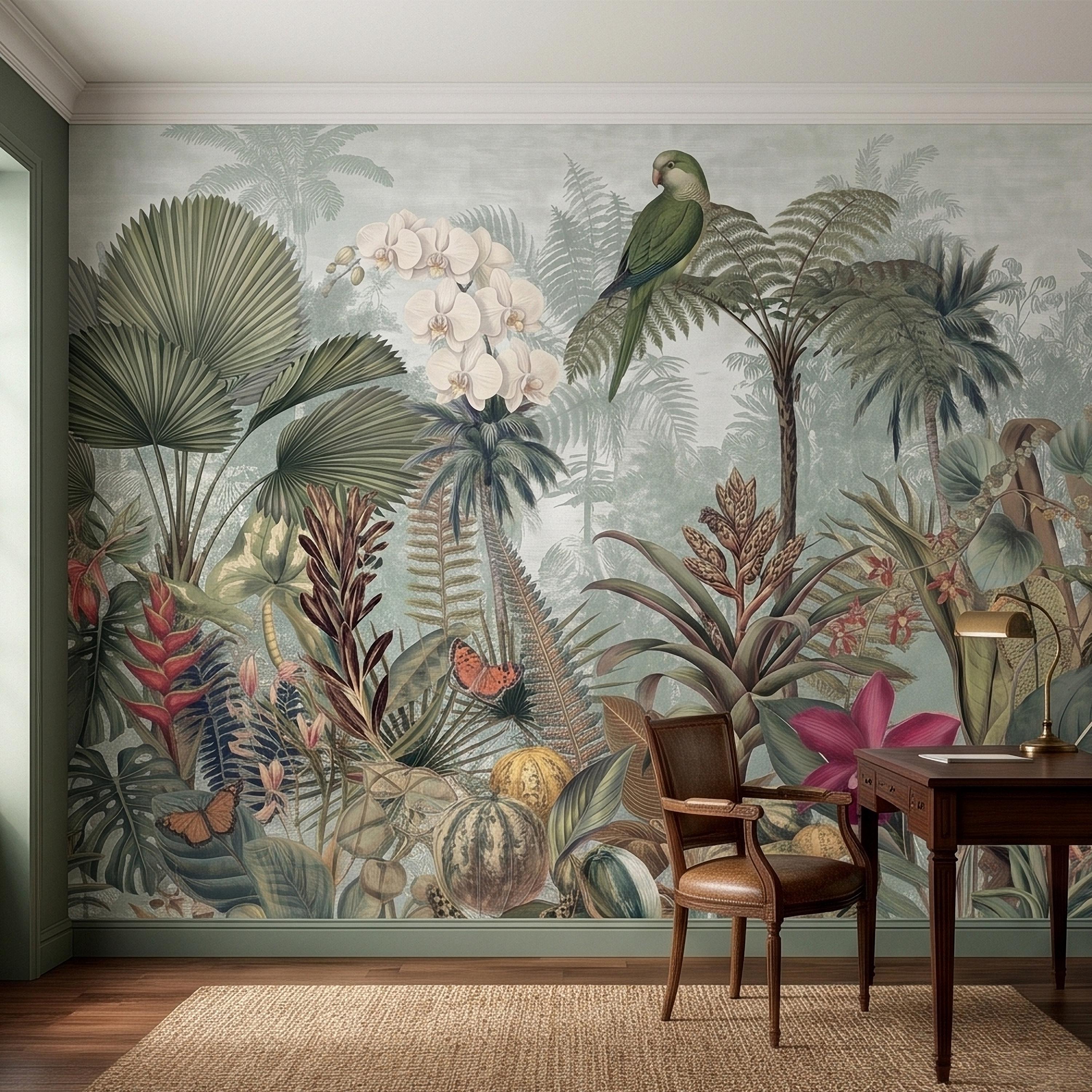 Tropical Botanical Parrot and Orchid Peel and Stick Wall Mural, Vintage Jungle Palm Leaves and Butterflies, Exotic Garden Wallpaper