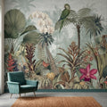 Tropical Botanical Parrot and Orchid Peel and Stick Wall Mural, Vintage Jungle Palm Leaves and Butterflies, Exotic Garden Wallpaper