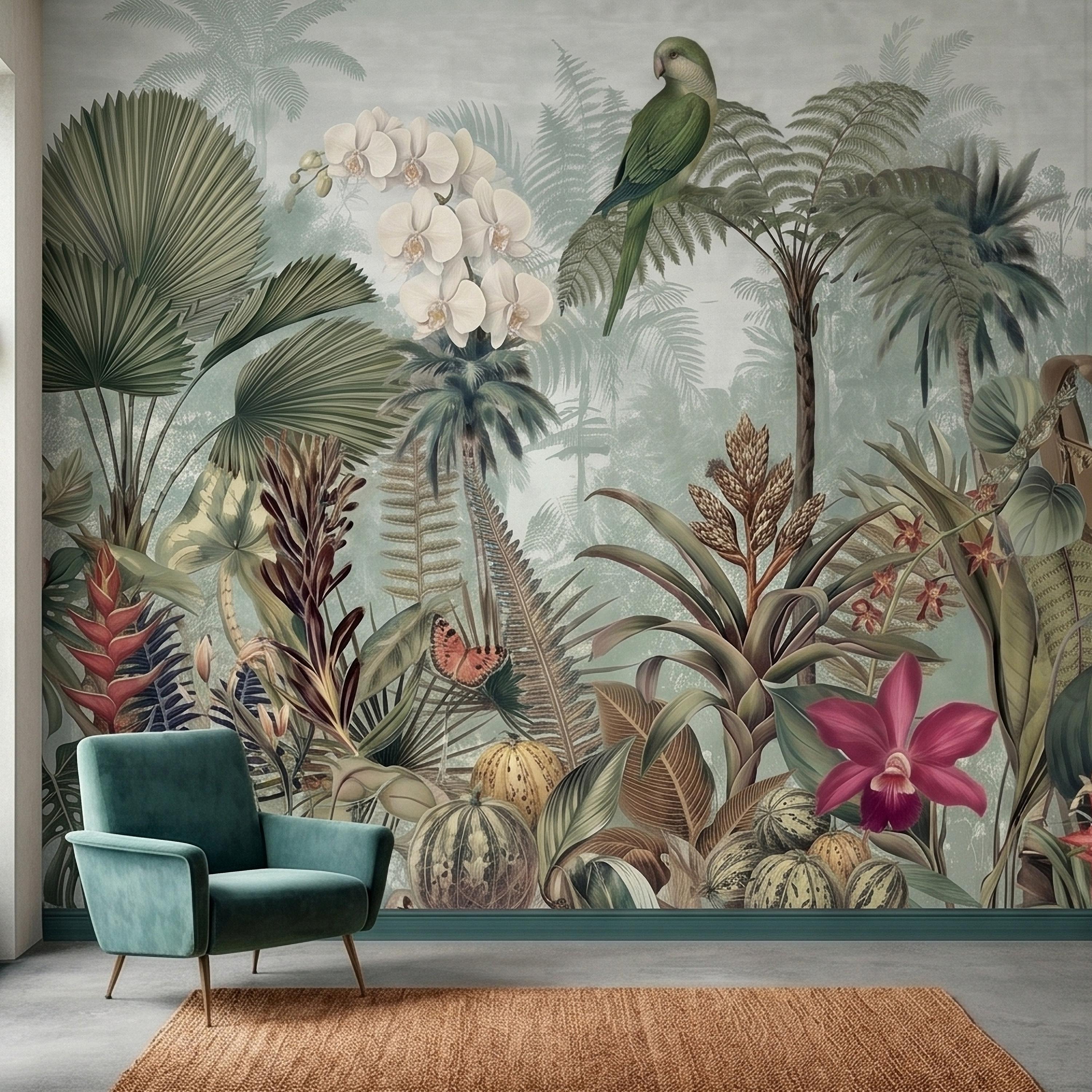 Tropical Botanical Parrot and Orchid Peel and Stick Wall Mural, Vintage Jungle Palm Leaves and Butterflies, Exotic Garden Wallpaper