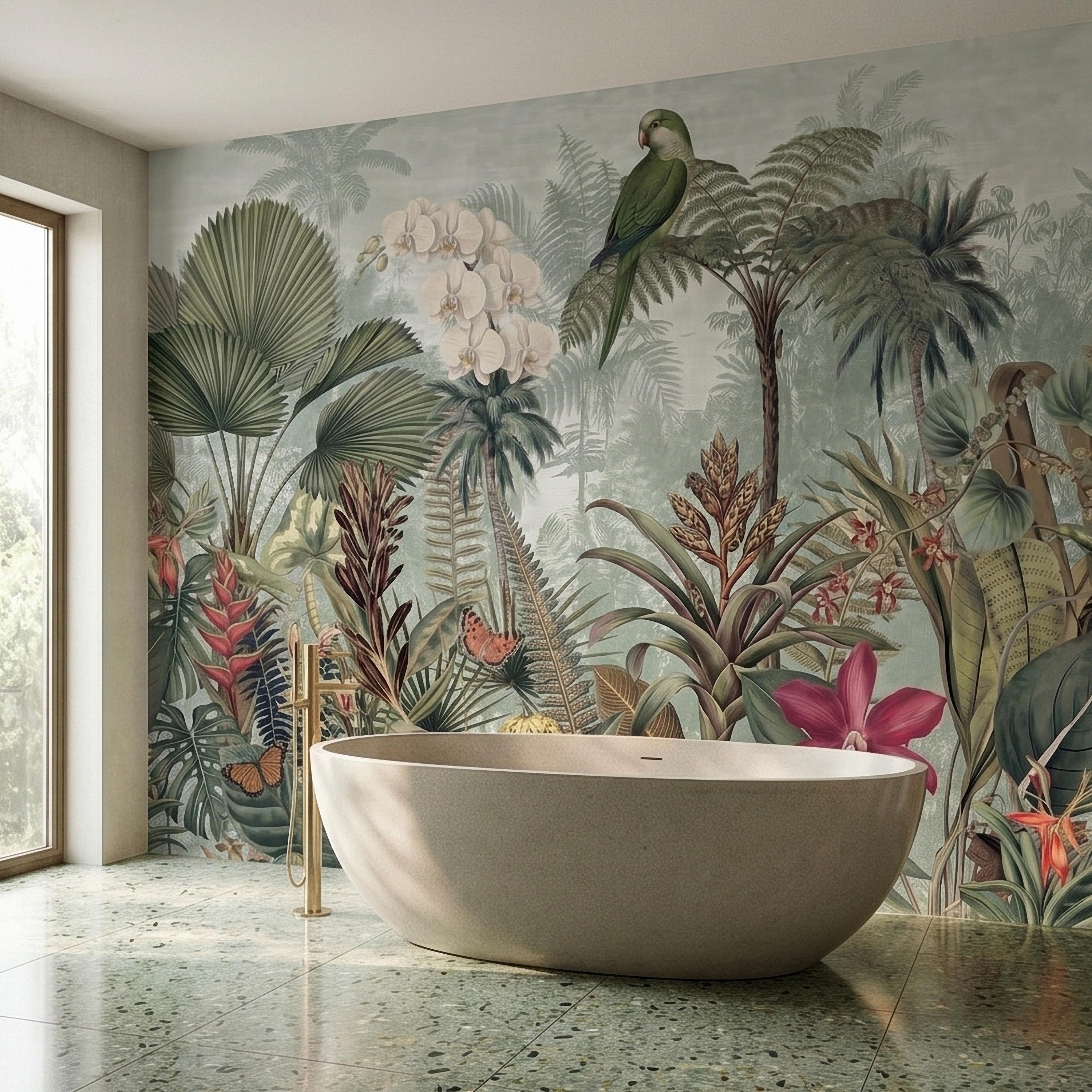 Tropical Botanical Parrot and Orchid Peel and Stick Wall Mural, Vintage Jungle Palm Leaves and Butterflies, Exotic Garden Wallpaper