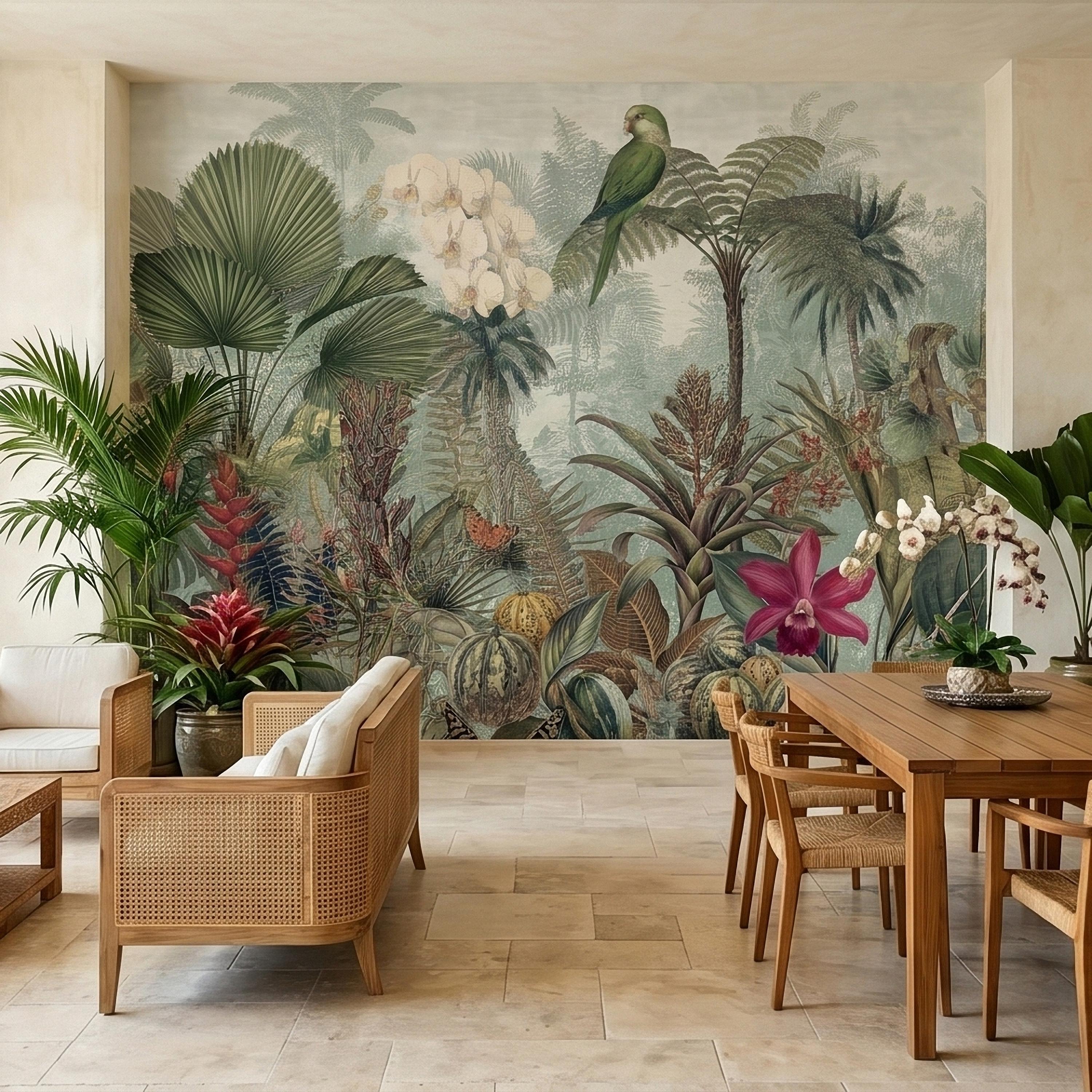 Tropical Botanical Parrot and Orchid Peel and Stick Wall Mural, Vintage Jungle Palm Leaves and Butterflies, Exotic Garden Wallpaper