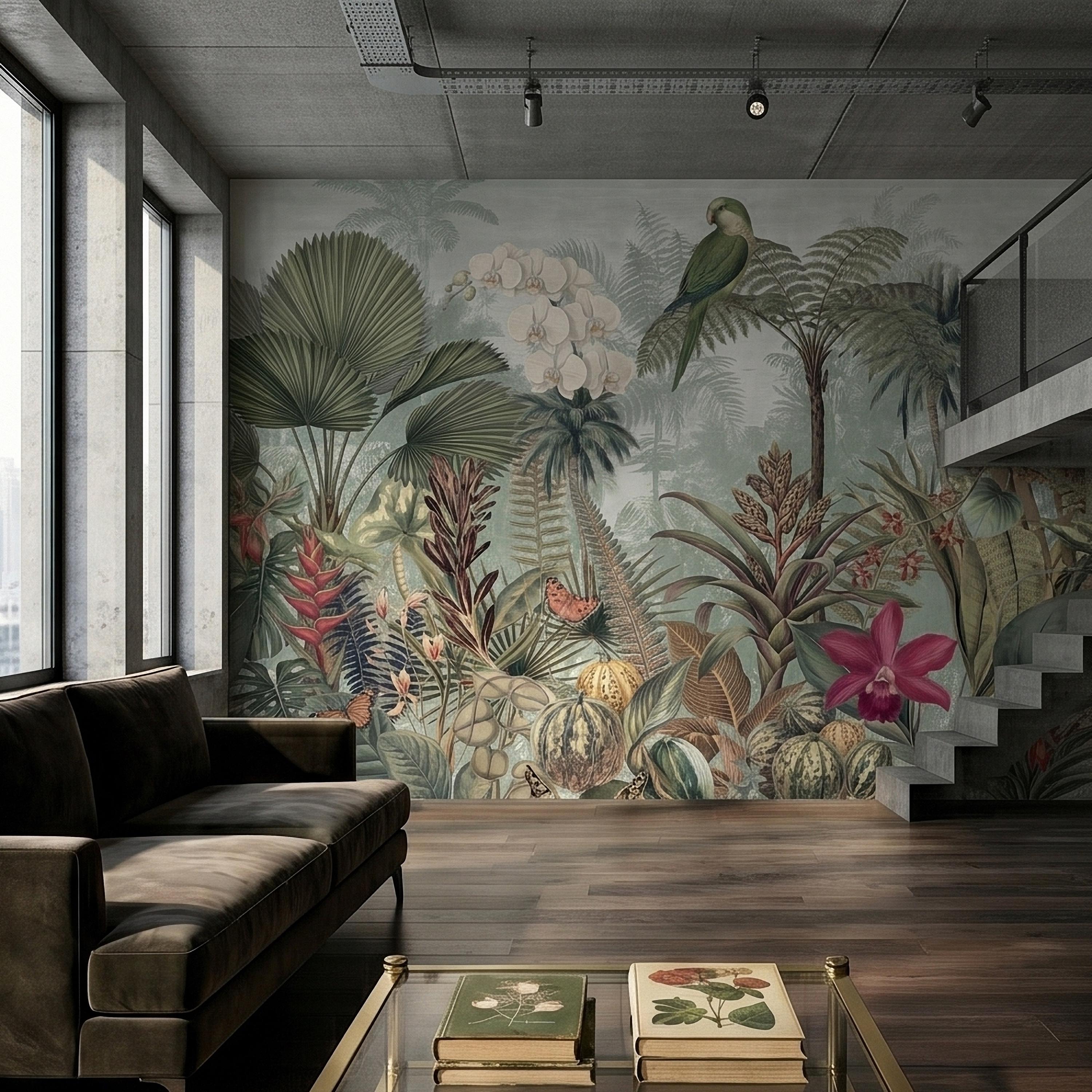 Tropical Botanical Parrot and Orchid Peel and Stick Wall Mural, Vintage Jungle Palm Leaves and Butterflies, Exotic Garden Wallpaper