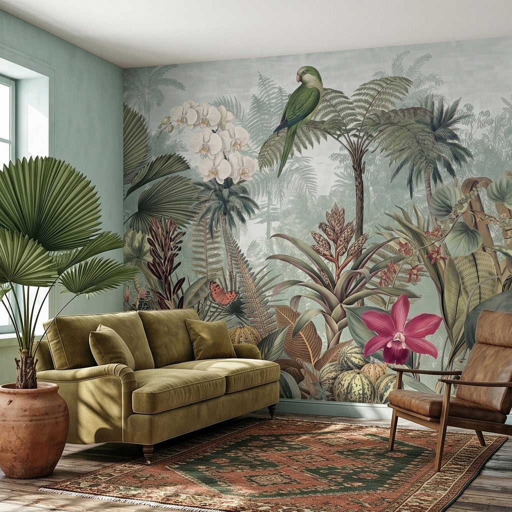 Tropical Botanical Parrot and Orchid Peel and Stick Wall Mural, Vintage Jungle Palm Leaves and Butterflies, Exotic Garden Wallpaper