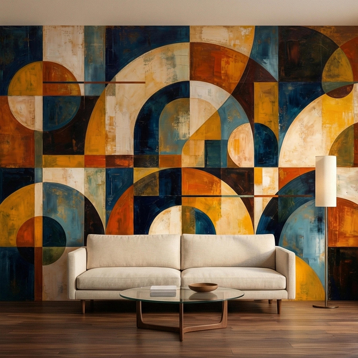 Abstract geometric wall mural with overlapping arched circles in teal, navy, mustard, and cream