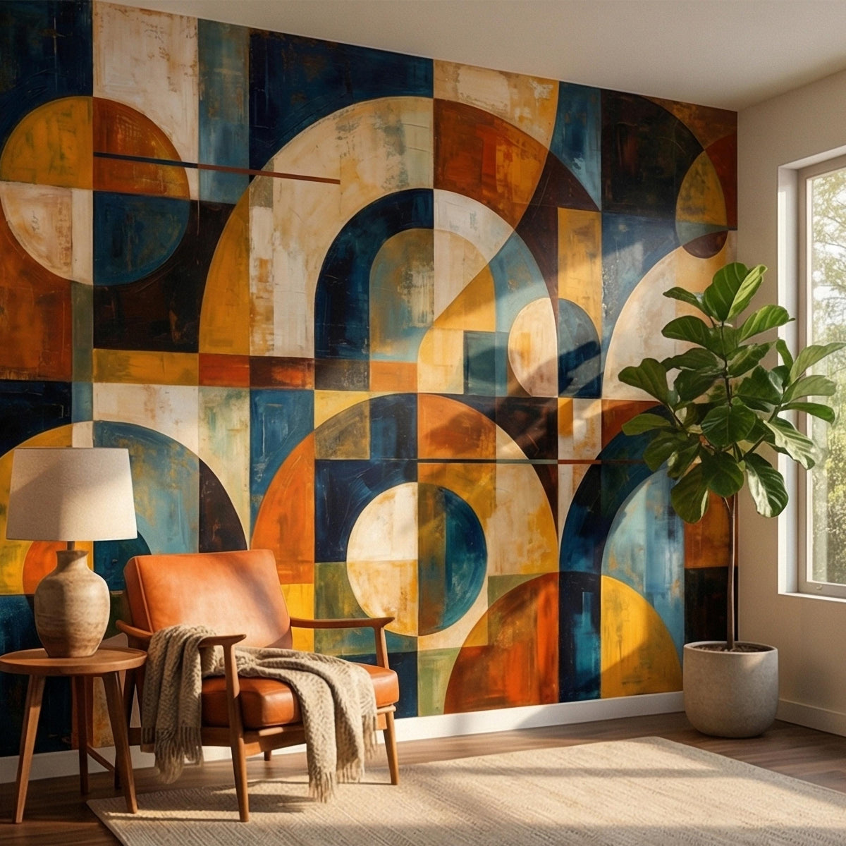 Abstract geometric wall mural with arched circles in mustard, teal, navy, and cream blocks