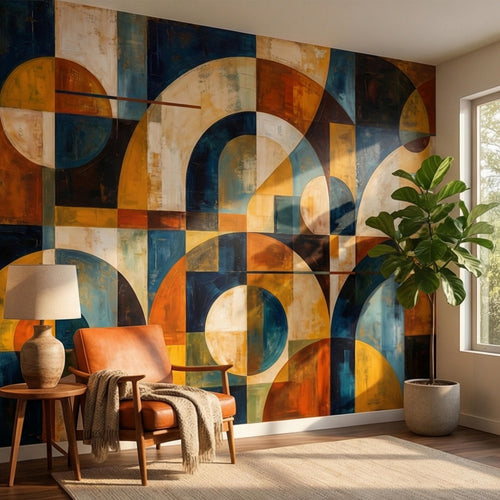 Abstract geometric wall mural with arched circles in mustard, teal, navy, and cream blocks