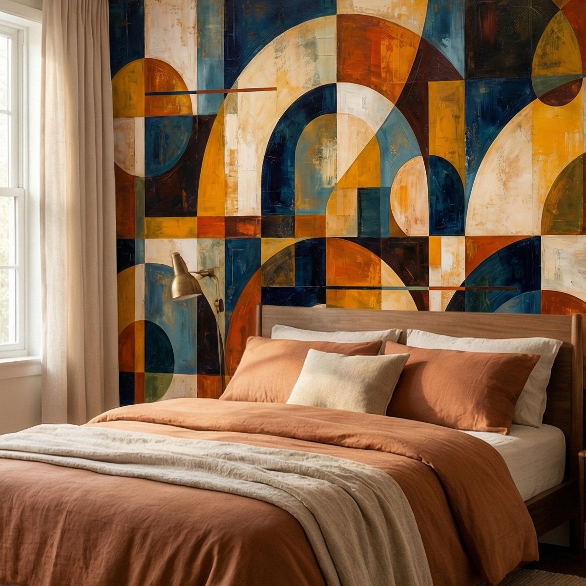 Abstract geometric wall mural featuring large arched circle shapes in teal, navy, and mustard tones