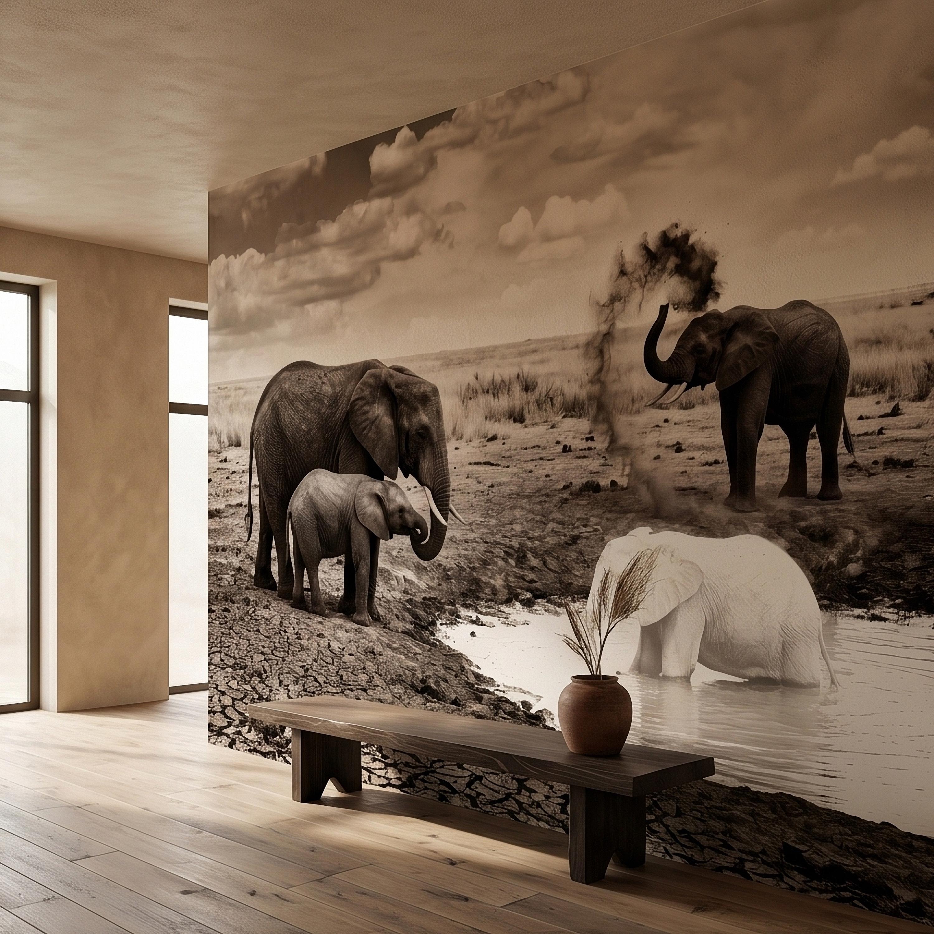 Elephant Family Safari Peel and Stick Wall Mural, Sepia African Wildlife at Waterhole, Dramatic Dusty Storm Scene, Vintage Nature Wallpaper
