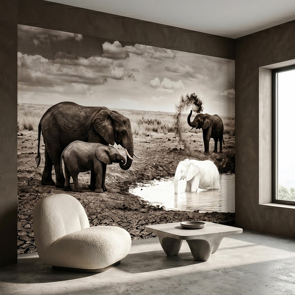 Elephant Family Safari Peel and Stick Wall Mural, Sepia African Wildlife at Waterhole, Dramatic Dusty Storm Scene, Vintage Nature Wallpaper