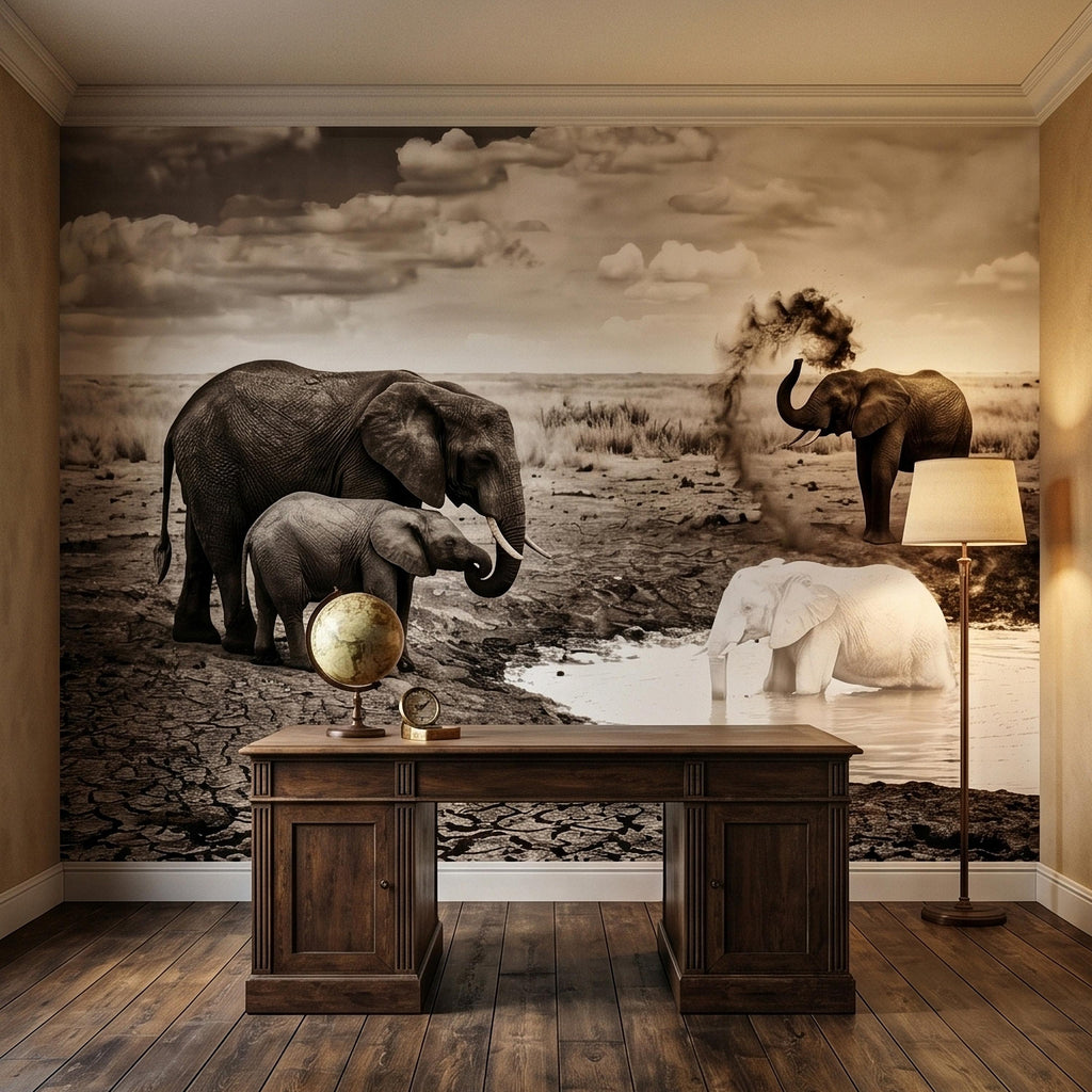 Elephant Family Safari Peel and Stick Wall Mural, Sepia African Wildlife at Waterhole, Dramatic Dusty Storm Scene, Vintage Nature Wallpaper