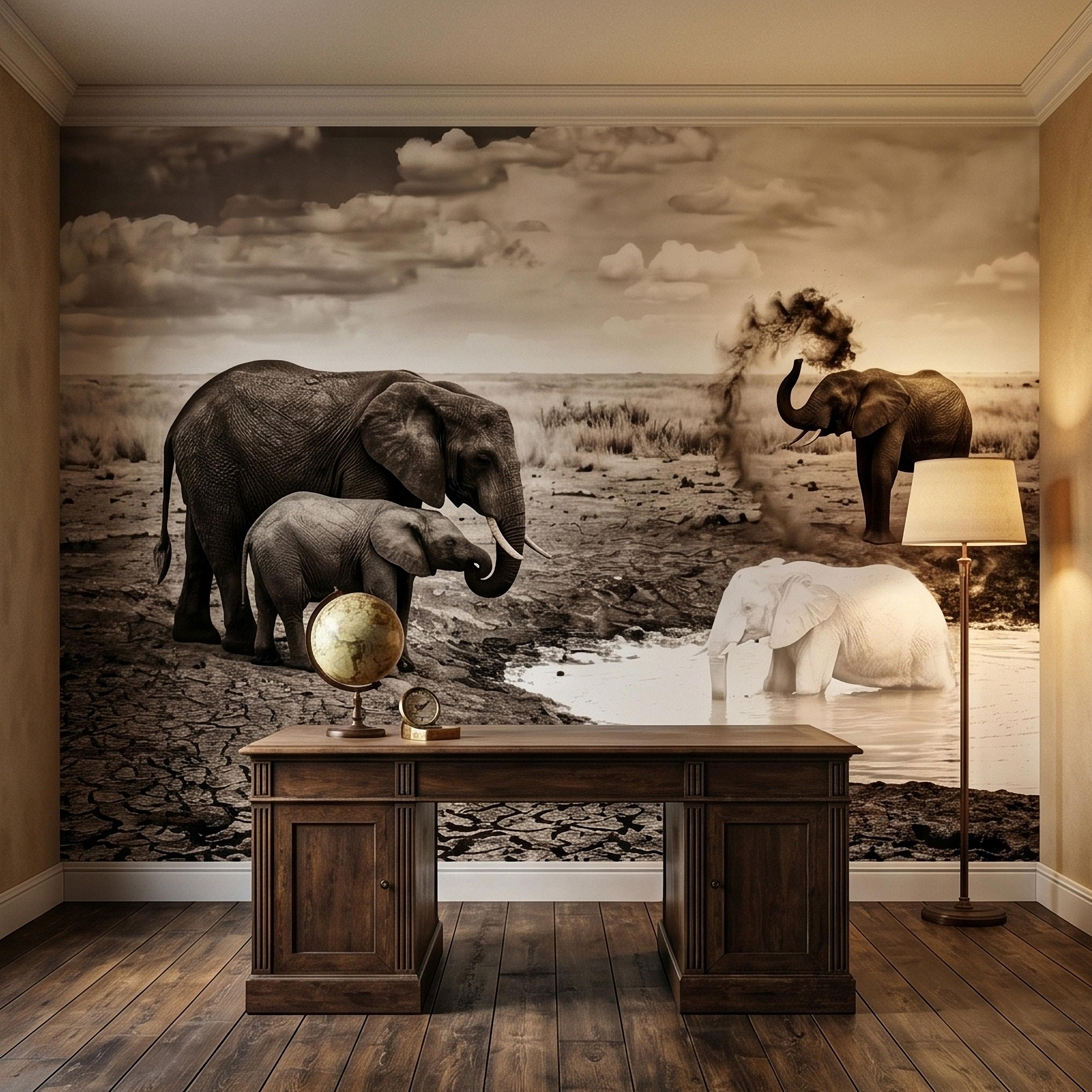 Elephant Family Safari Peel and Stick Wall Mural, Sepia African Wildlife at Waterhole, Dramatic Dusty Storm Scene, Vintage Nature Wallpaper