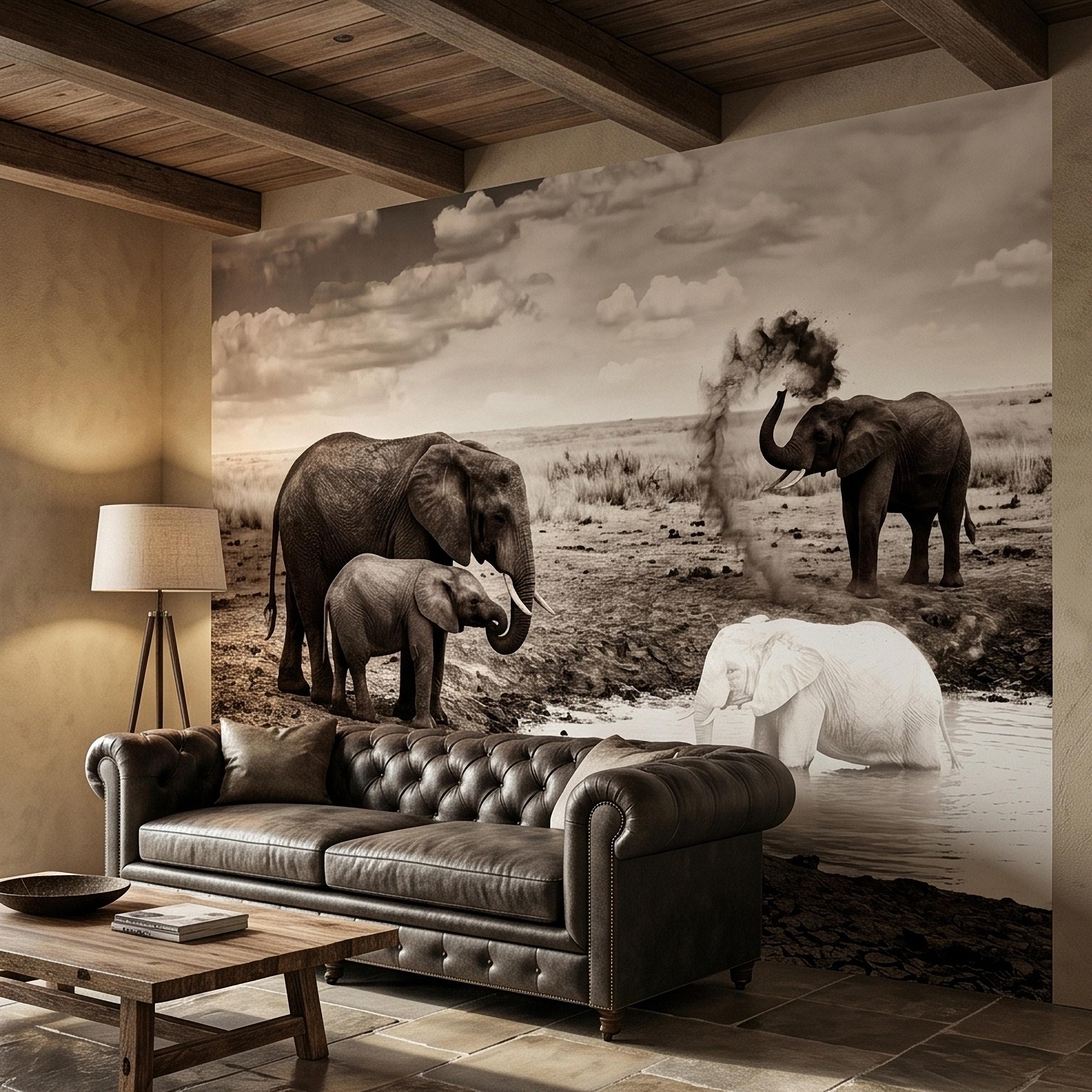 Elephant Family Safari Peel and Stick Wall Mural, Sepia African Wildlife at Waterhole, Dramatic Dusty Storm Scene, Vintage Nature Wallpaper