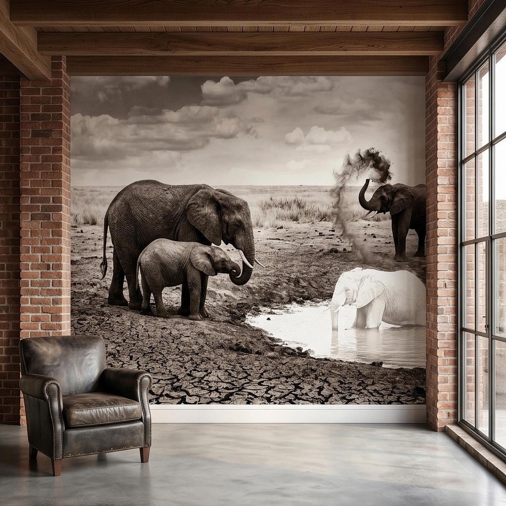 Elephant Family Safari Peel and Stick Wall Mural, Sepia African Wildlife at Waterhole, Dramatic Dusty Storm Scene, Vintage Nature Wallpaper
