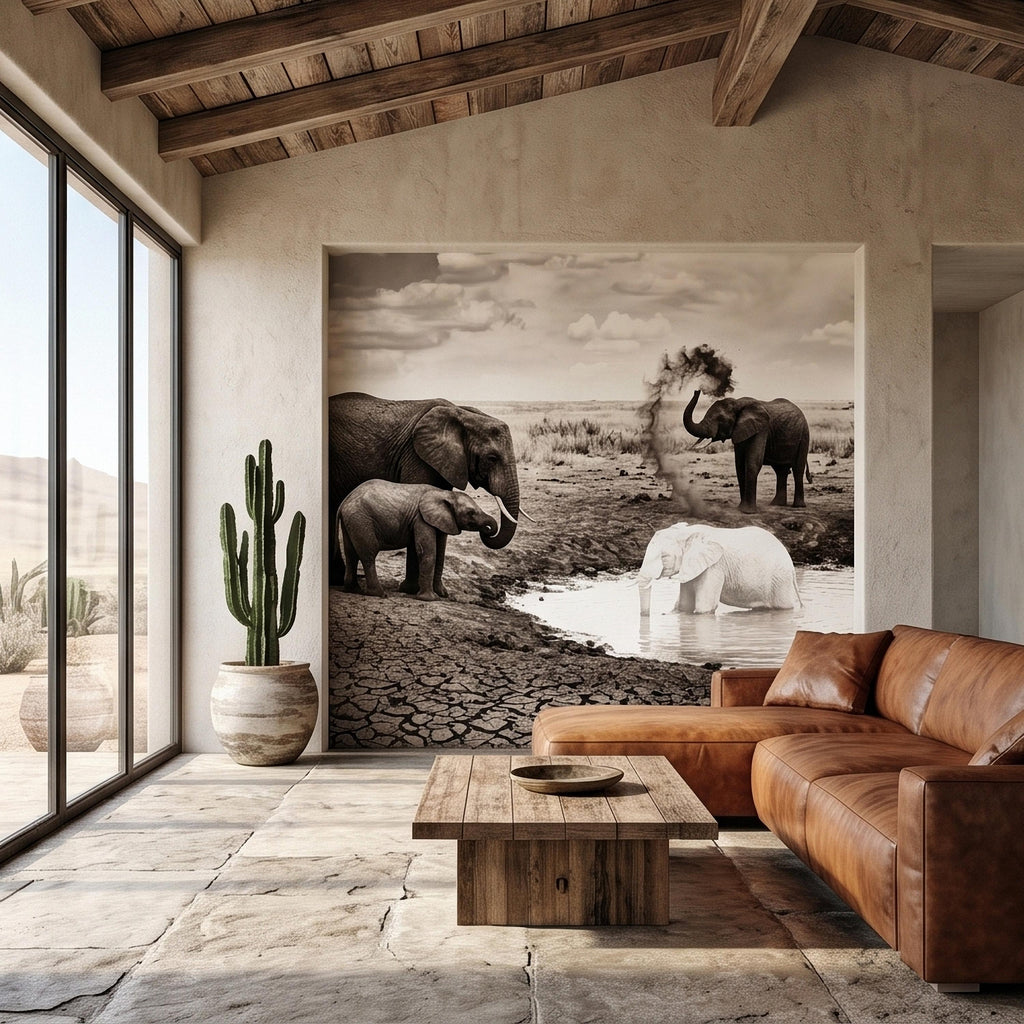 Elephant Family Safari Peel and Stick Wall Mural, Sepia African Wildlife at Waterhole, Dramatic Dusty Storm Scene, Vintage Nature Wallpaper