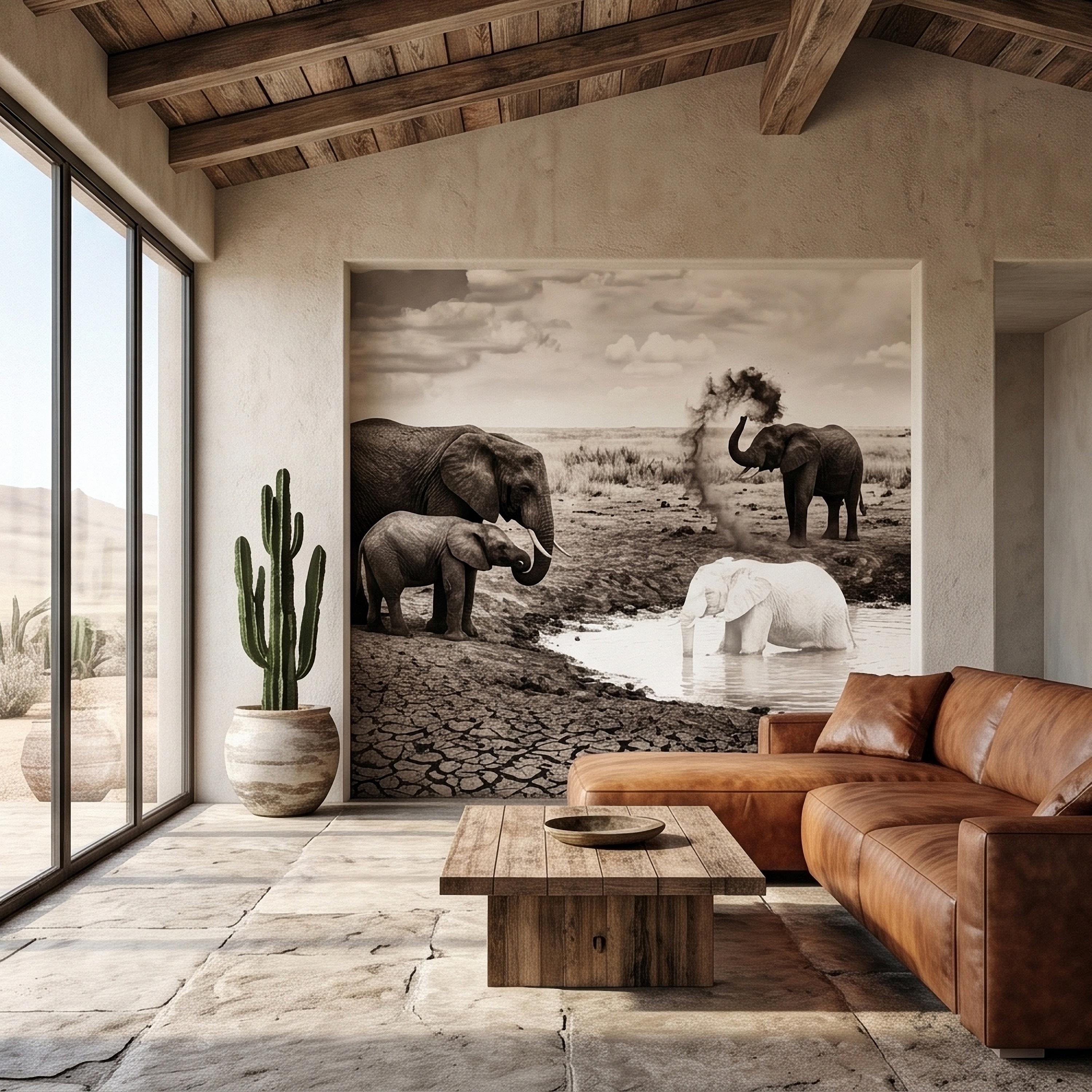 Elephant Family Safari Peel and Stick Wall Mural, Sepia African Wildlife at Waterhole, Dramatic Dusty Storm Scene, Vintage Nature Wallpaper