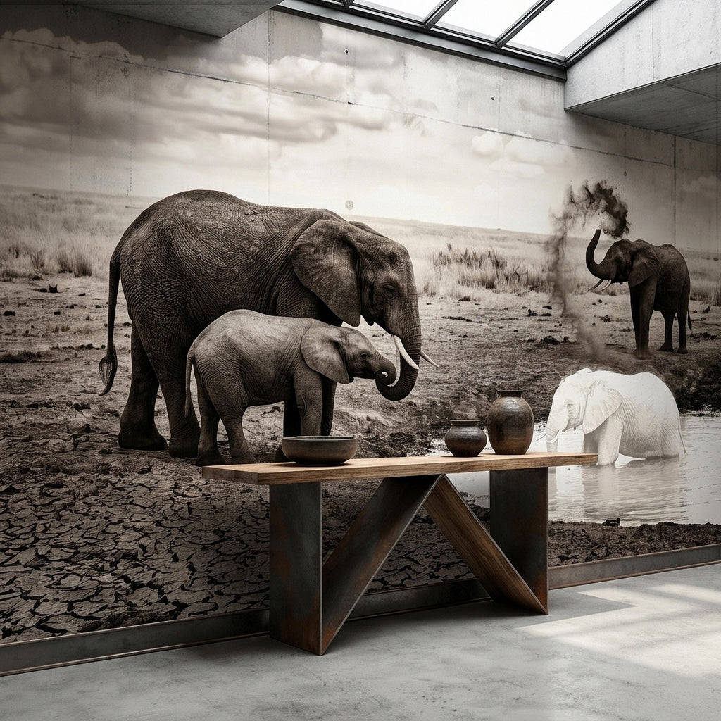 Elephant Family Safari Peel and Stick Wall Mural, Sepia African Wildlife at Waterhole, Dramatic Dusty Storm Scene, Vintage Nature Wallpaper
