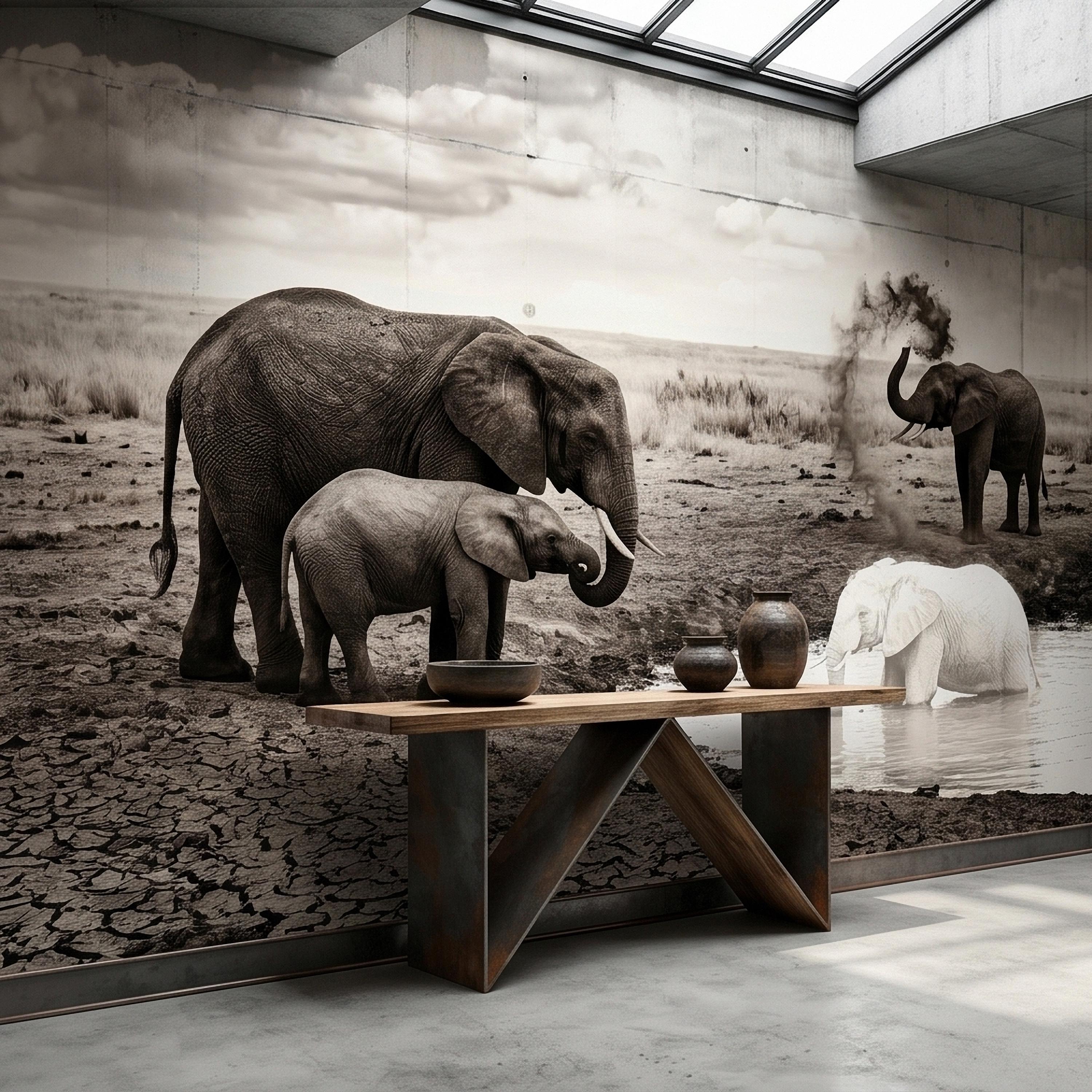 Elephant Family Safari Peel and Stick Wall Mural, Sepia African Wildlife at Waterhole, Dramatic Dusty Storm Scene, Vintage Nature Wallpaper