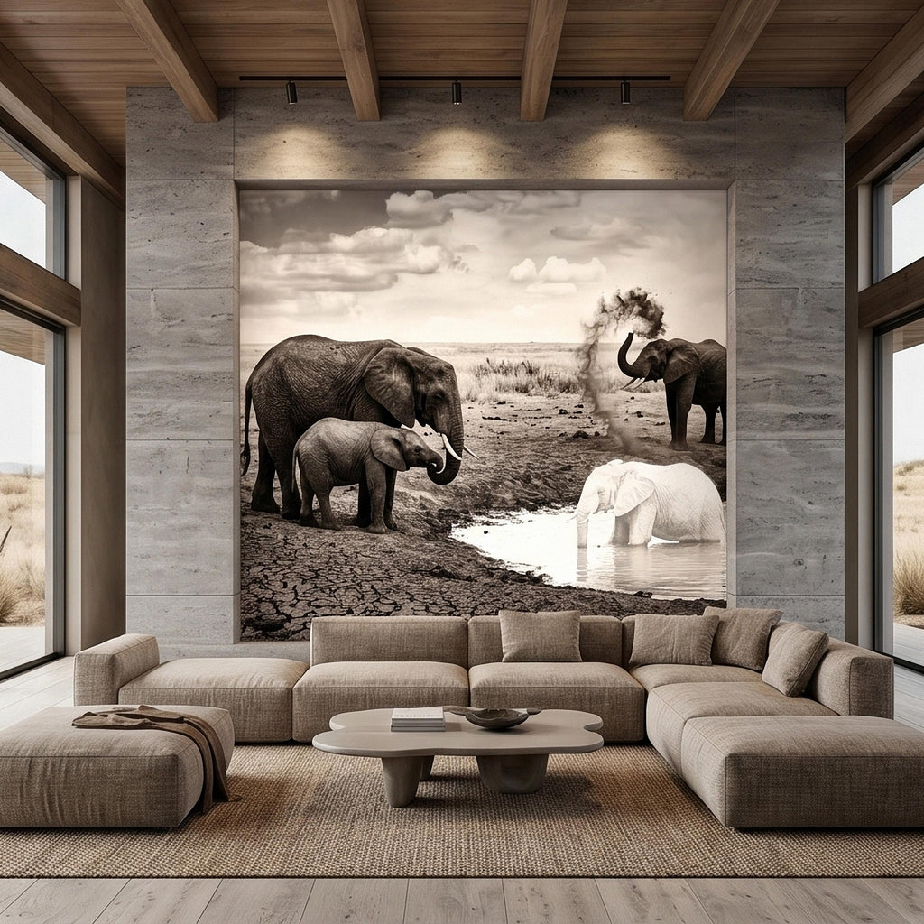 Elephant Family Safari Peel and Stick Wall Mural, Sepia African Wildlife at Waterhole, Dramatic Dusty Storm Scene, Vintage Nature Wallpaper