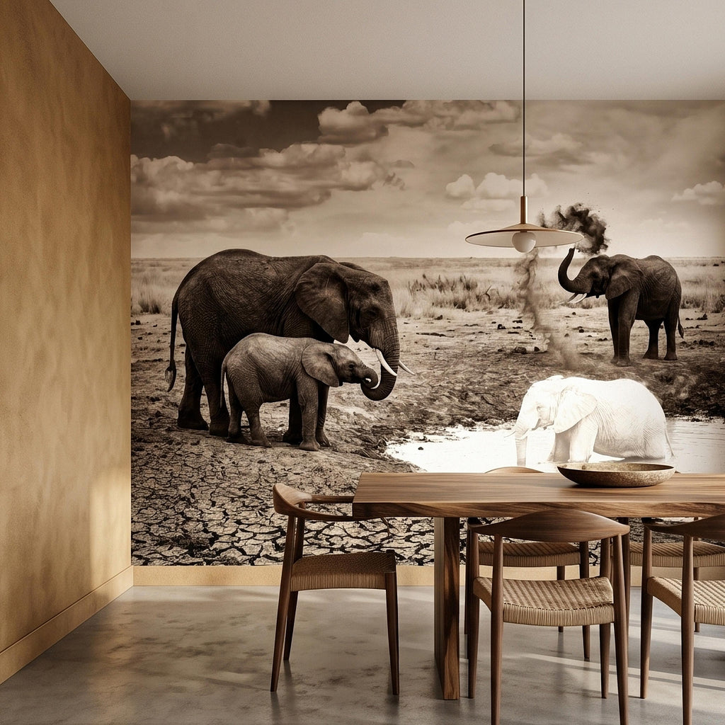 Elephant Family Safari Peel and Stick Wall Mural, Sepia African Wildlife at Waterhole, Dramatic Dusty Storm Scene, Vintage Nature Wallpaper