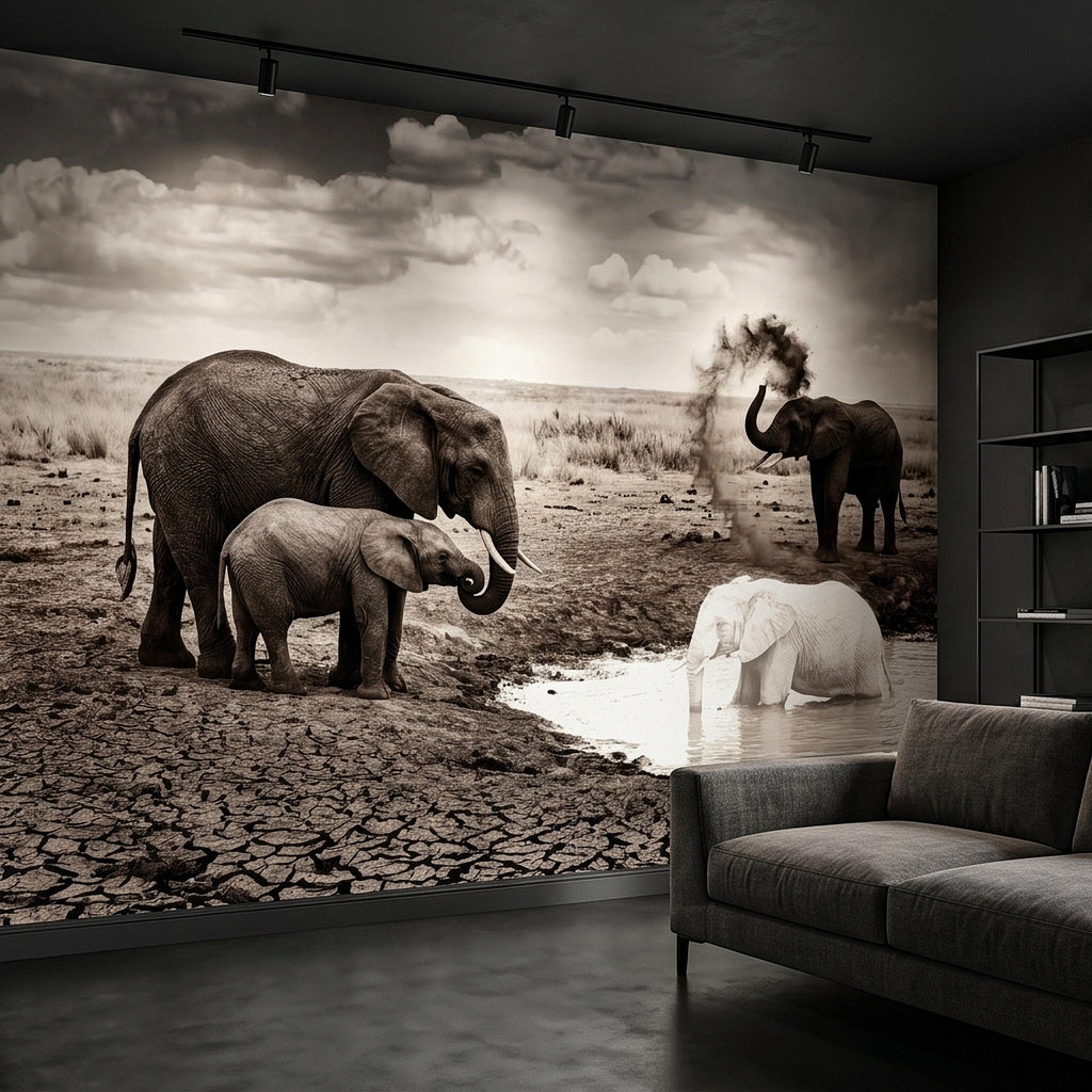 Elephant Family Safari Peel and Stick Wall Mural, Sepia African Wildlife at Waterhole, Dramatic Dusty Storm Scene, Vintage Nature Wallpaper
