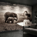 Elephant Family Safari Peel and Stick Wall Mural, Sepia African Wildlife at Waterhole, Dramatic Dusty Storm Scene, Vintage Nature Wallpaper