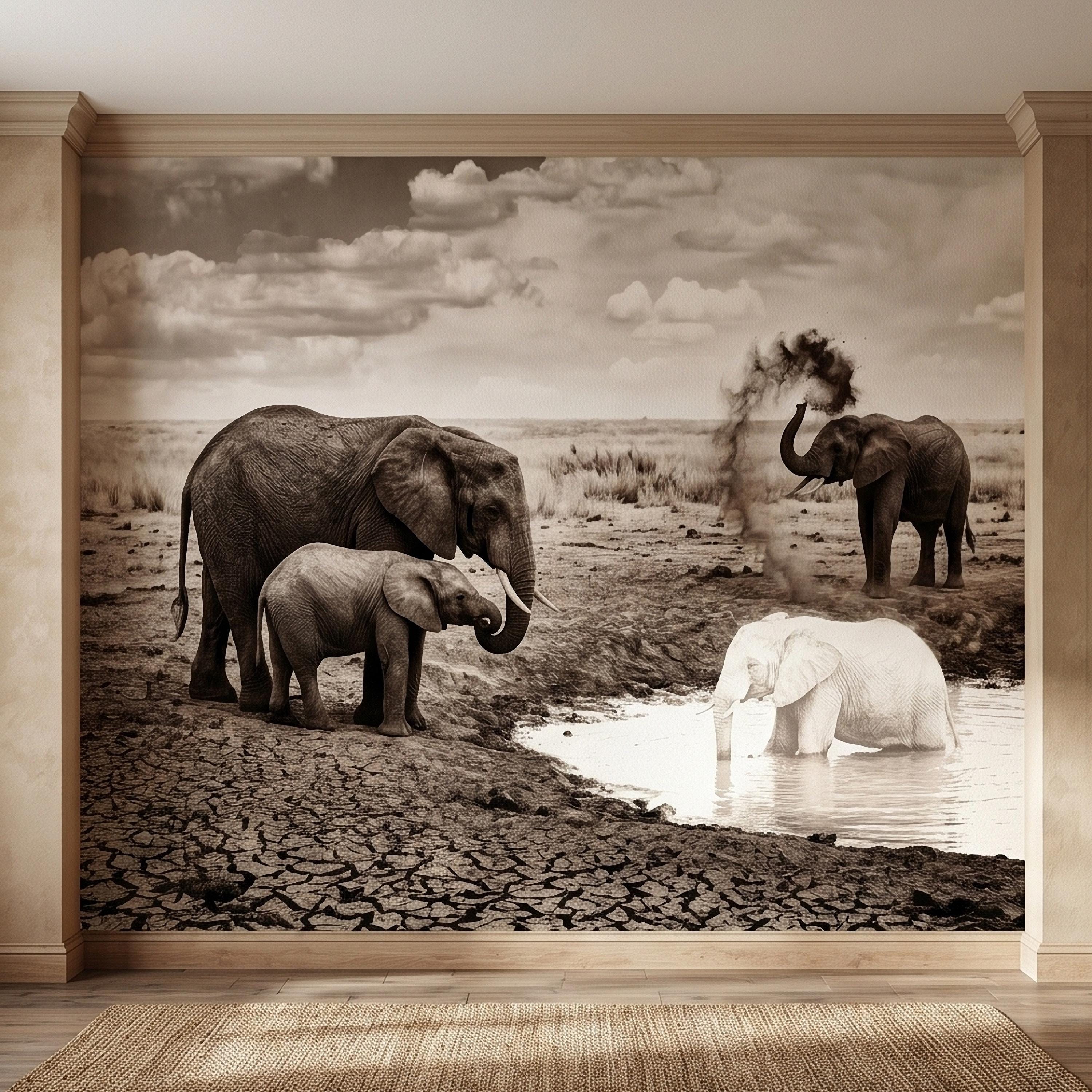 Elephant Family Safari Peel and Stick Wall Mural, Sepia African Wildlife at Waterhole, Dramatic Dusty Storm Scene, Vintage Nature Wallpaper