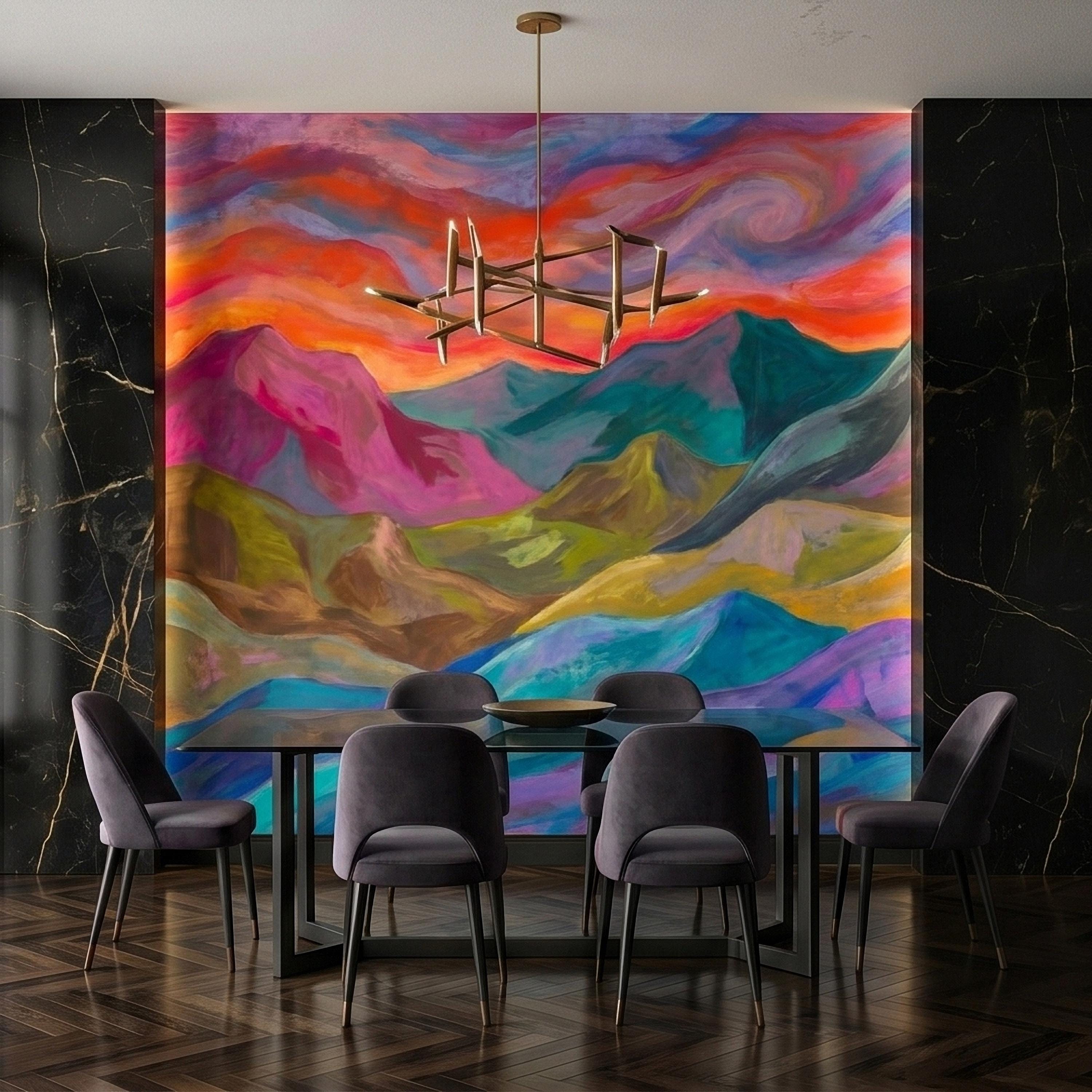 Colorful Sunset Mountain Landscape Peel and Stick Wall Mural, Vibrant Painterly Abstract Hills, Modern Boho Dreamy Rainbow Sky Wallpaper