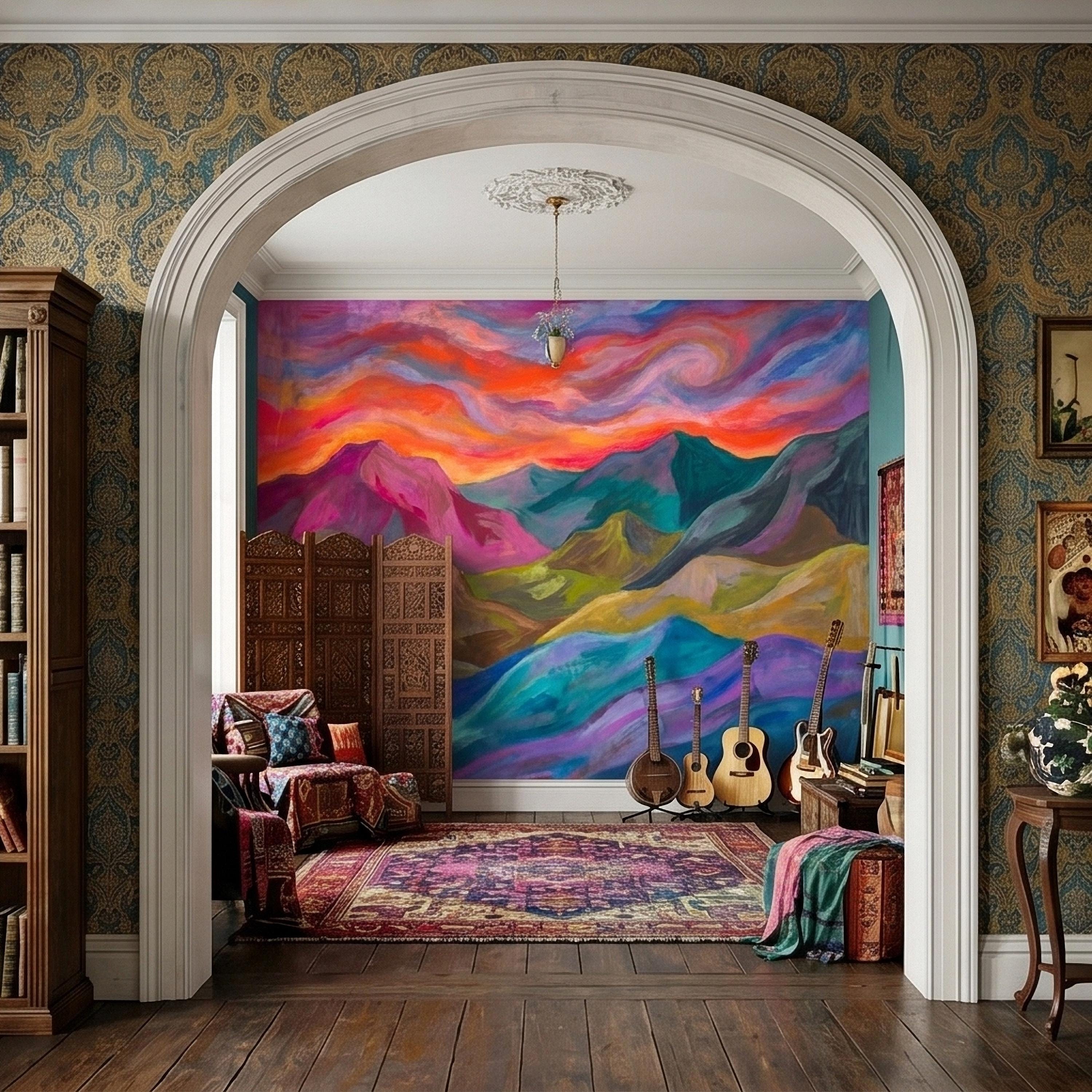 Colorful Sunset Mountain Landscape Peel and Stick Wall Mural, Vibrant Painterly Abstract Hills, Modern Boho Dreamy Rainbow Sky Wallpaper