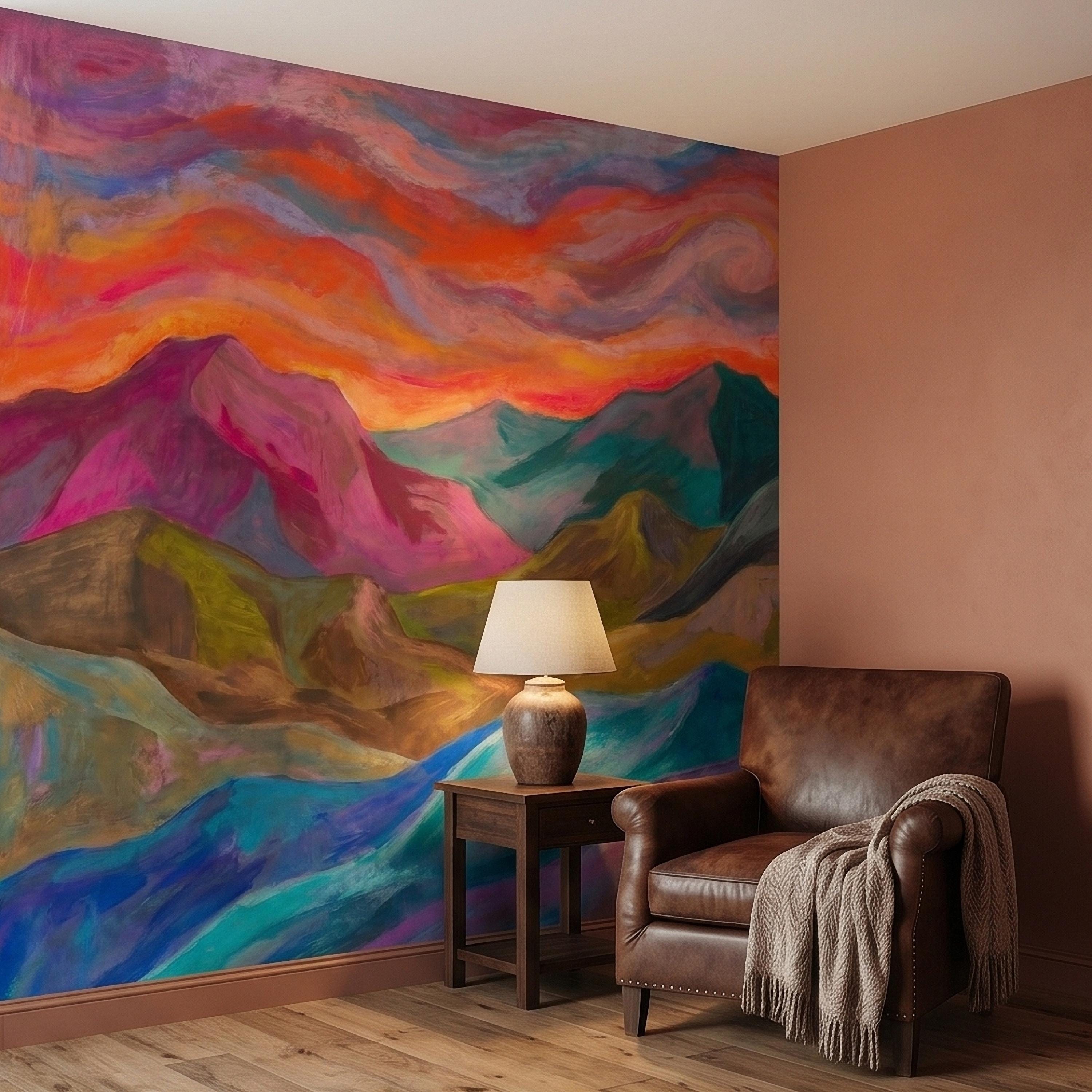 Colorful Sunset Mountain Landscape Peel and Stick Wall Mural, Vibrant Painterly Abstract Hills, Modern Boho Dreamy Rainbow Sky Wallpaper