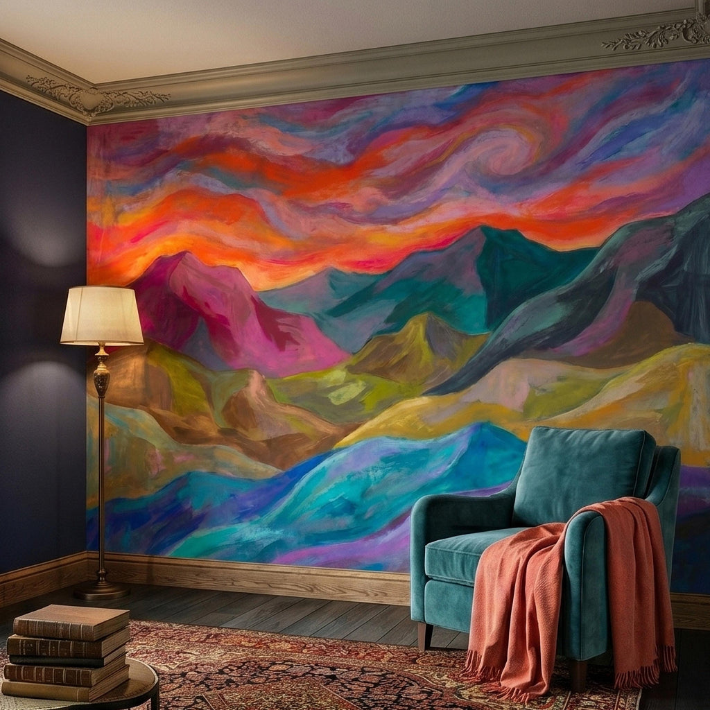Colorful Sunset Mountain Landscape Peel and Stick Wall Mural, Vibrant Painterly Abstract Hills, Modern Boho Dreamy Rainbow Sky Wallpaper