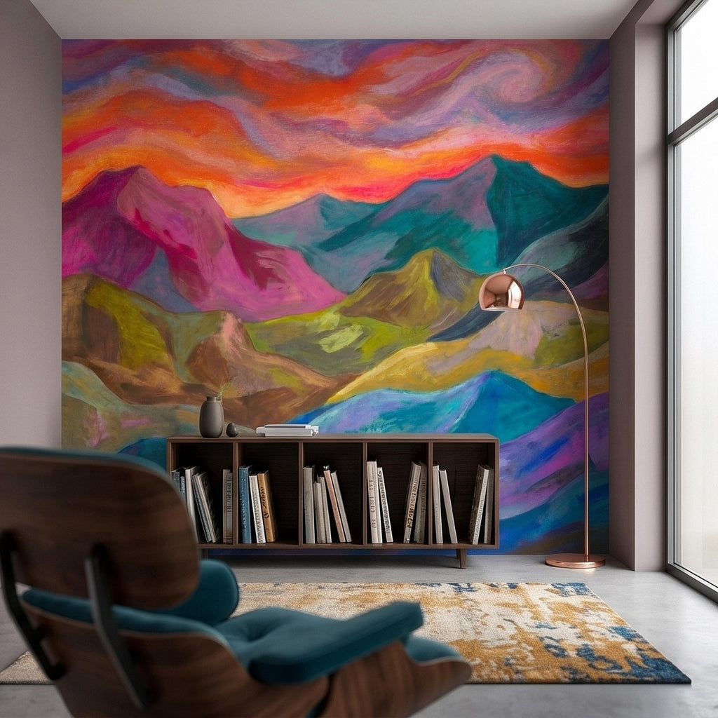 Colorful Sunset Mountain Landscape Peel and Stick Wall Mural, Vibrant Painterly Abstract Hills, Modern Boho Dreamy Rainbow Sky Wallpaper
