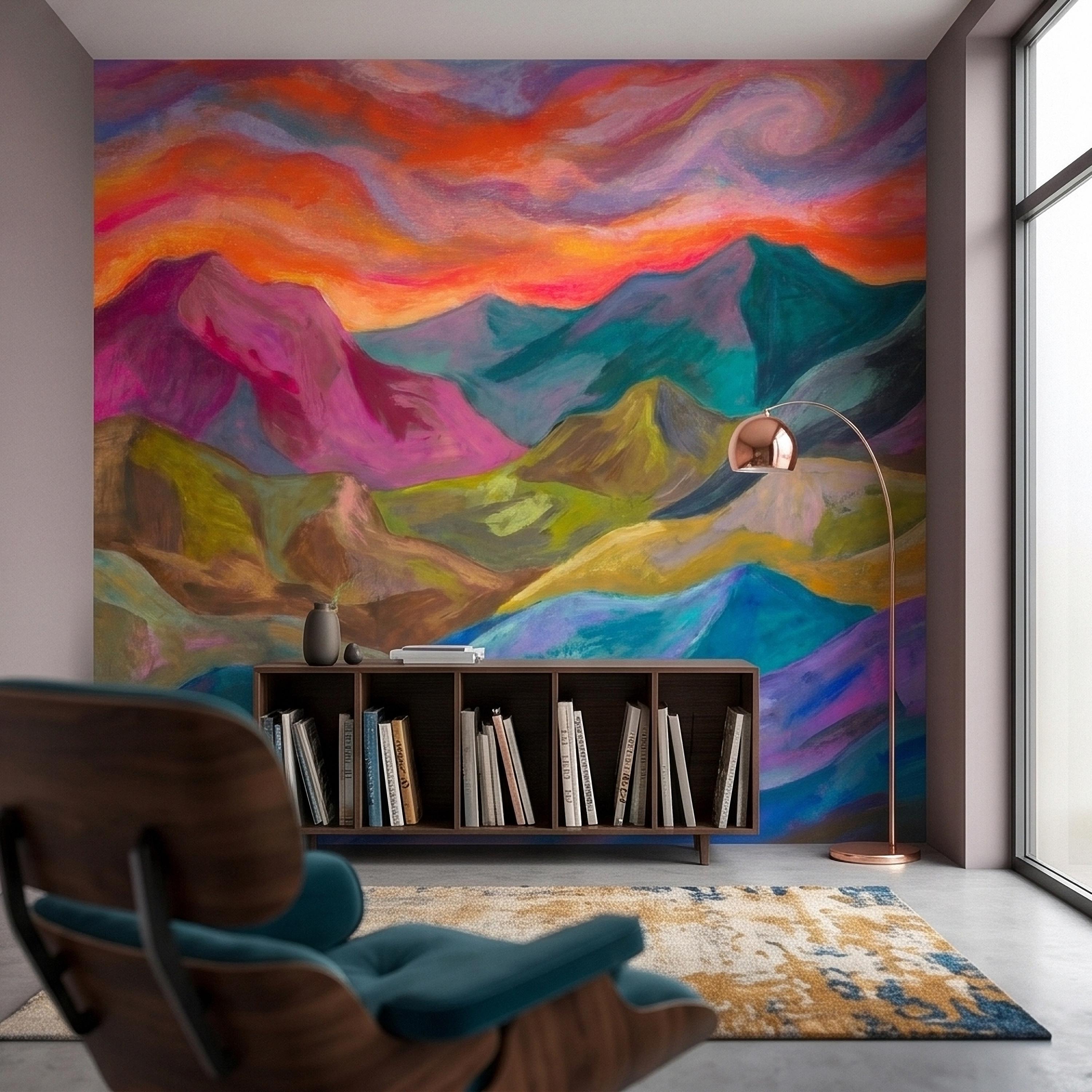 Colorful Sunset Mountain Landscape Peel and Stick Wall Mural, Vibrant Painterly Abstract Hills, Modern Boho Dreamy Rainbow Sky Wallpaper