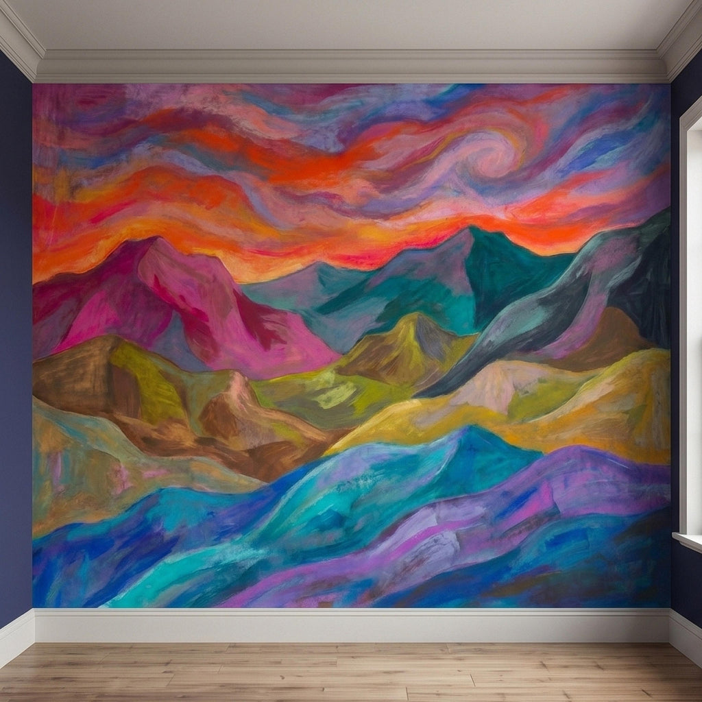 Colorful Sunset Mountain Landscape Peel and Stick Wall Mural, Vibrant Painterly Abstract Hills, Modern Boho Dreamy Rainbow Sky Wallpaper