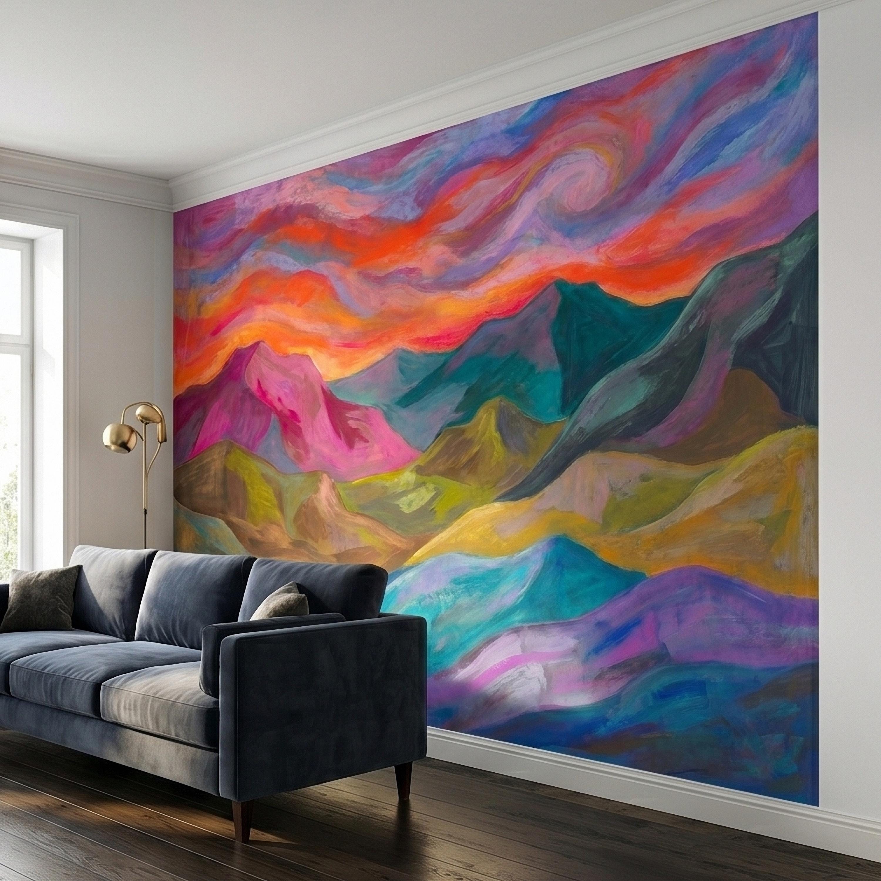 Colorful Sunset Mountain Landscape Peel and Stick Wall Mural, Vibrant Painterly Abstract Hills, Modern Boho Dreamy Rainbow Sky Wallpaper