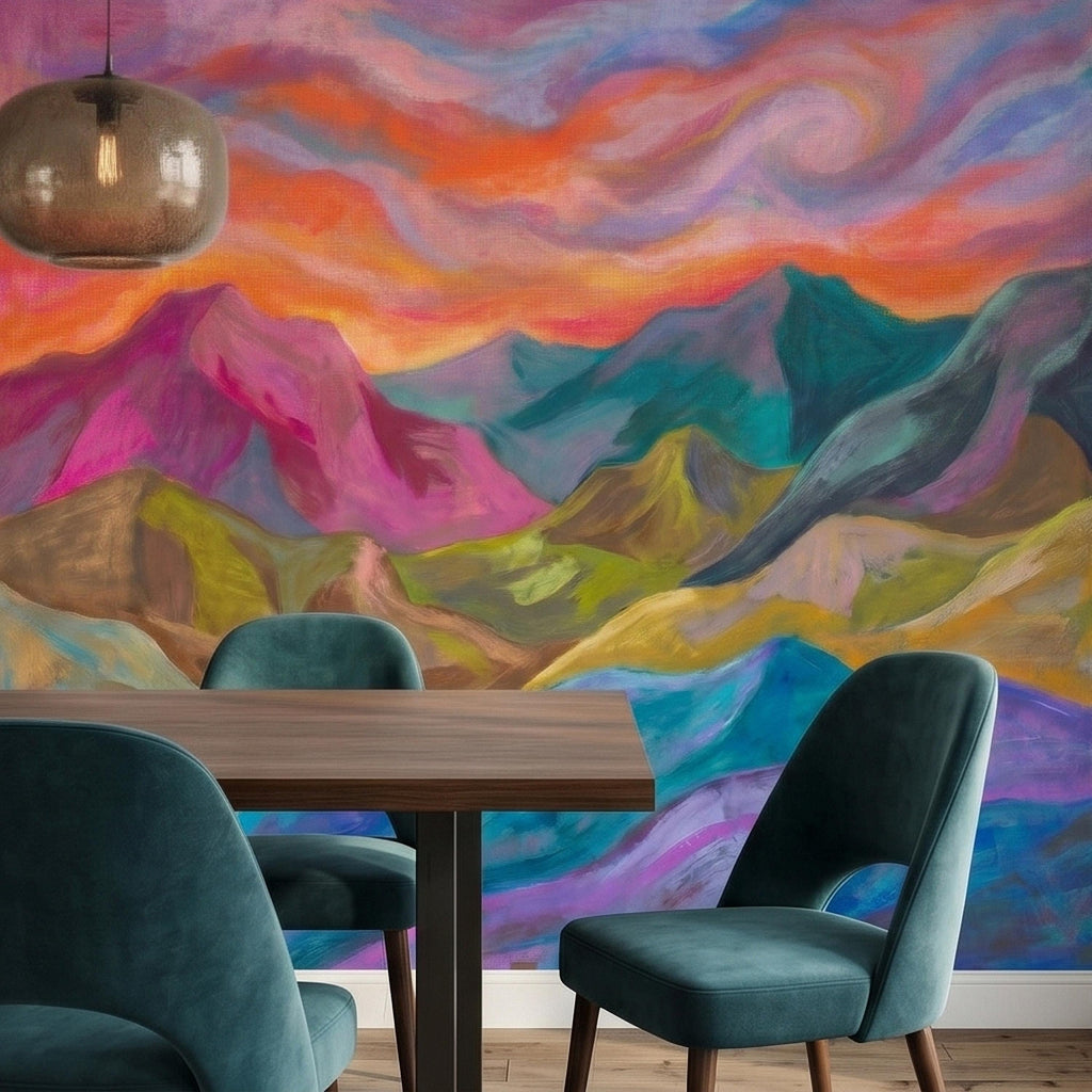 Colorful Sunset Mountain Landscape Peel and Stick Wall Mural, Vibrant Painterly Abstract Hills, Modern Boho Dreamy Rainbow Sky Wallpaper