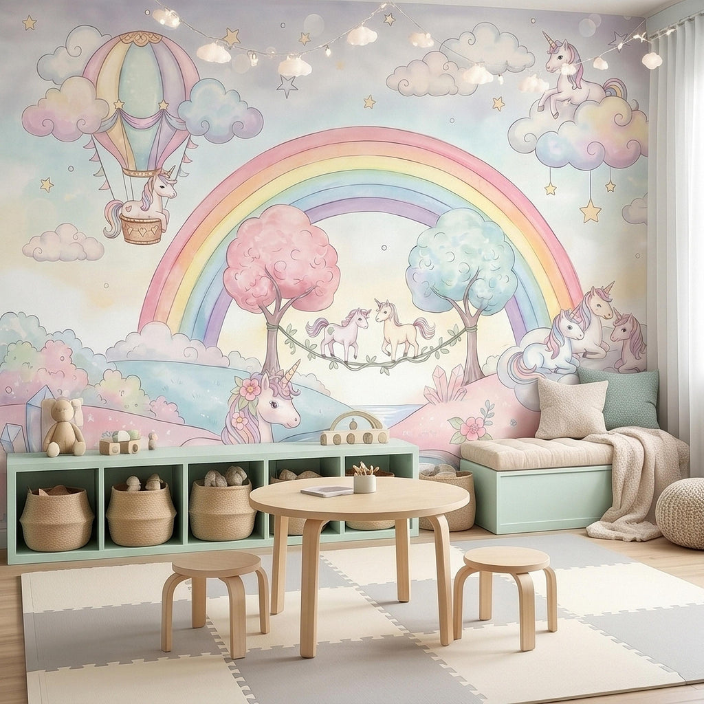 Pastel Unicorn Rainbow Peel and Stick Wall Mural, Watercolor Clouds Moon and Stars, Hot Air Balloon Fantasy Whimsical Crystal Kids Wallpaper