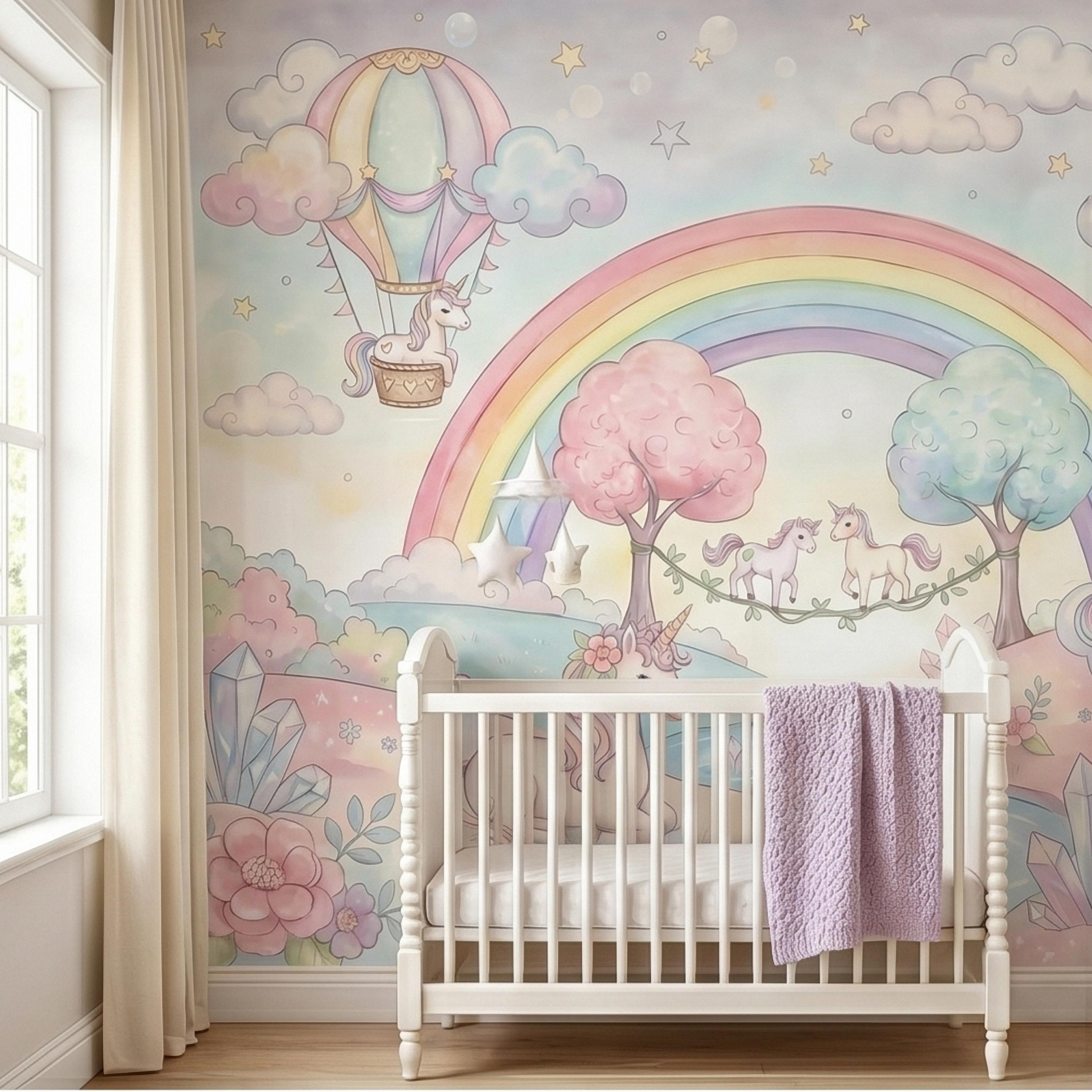 Pastel Unicorn Rainbow Peel and Stick Wall Mural, Watercolor Clouds Moon and Stars, Hot Air Balloon Fantasy Whimsical Crystal Kids Wallpaper