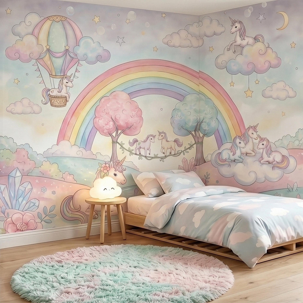 Pastel Unicorn Rainbow Peel and Stick Wall Mural, Watercolor Clouds Moon and Stars, Hot Air Balloon Fantasy Whimsical Crystal Kids Wallpaper